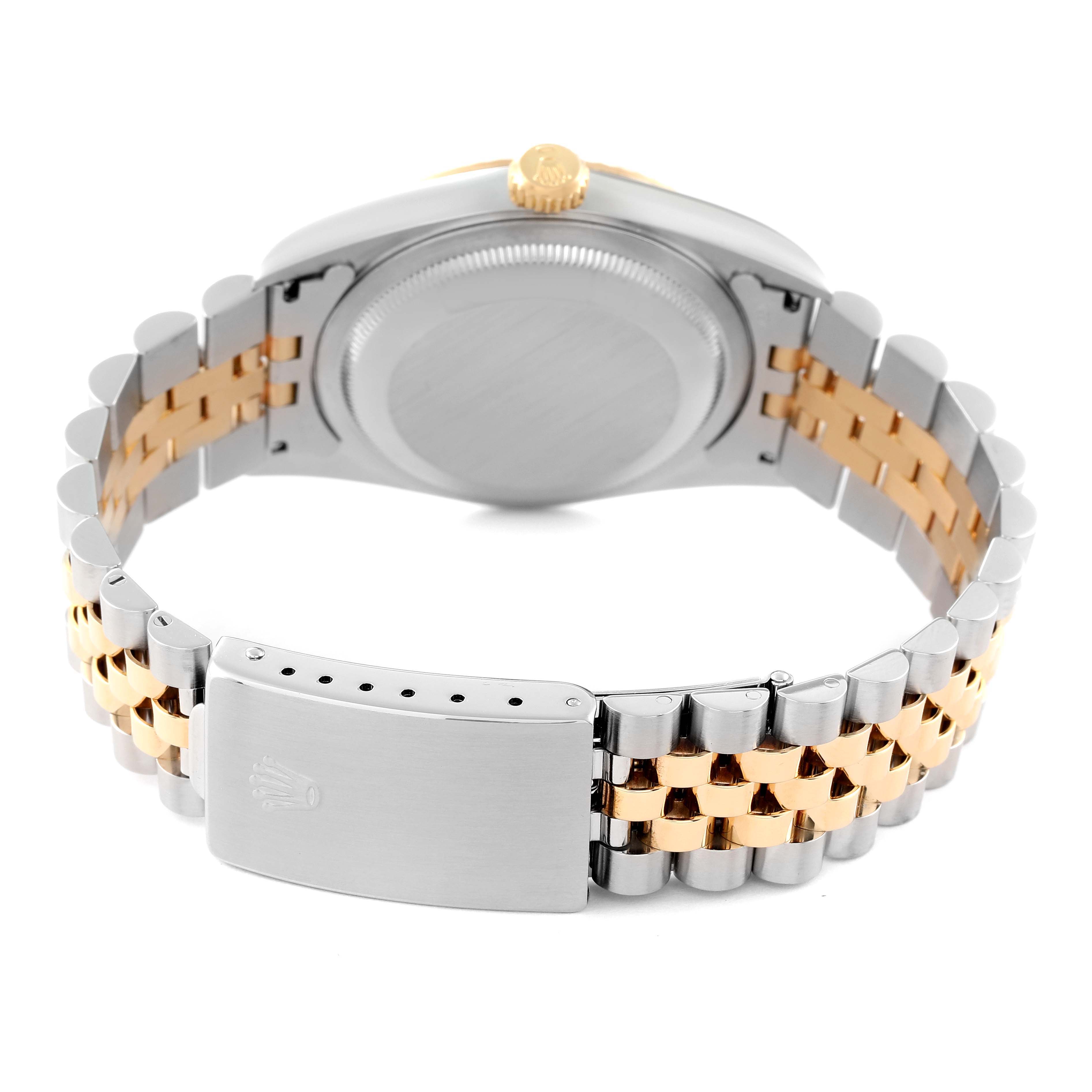 This image shows the back view of a Rolex Datejust 16233 Men's Steel and Gold (two tone) Grey Dial 16233 Men's Steel and Gold (two tone) Grey Dial watch featuring the case back, crown, and two-tone bracelet with the clasp.