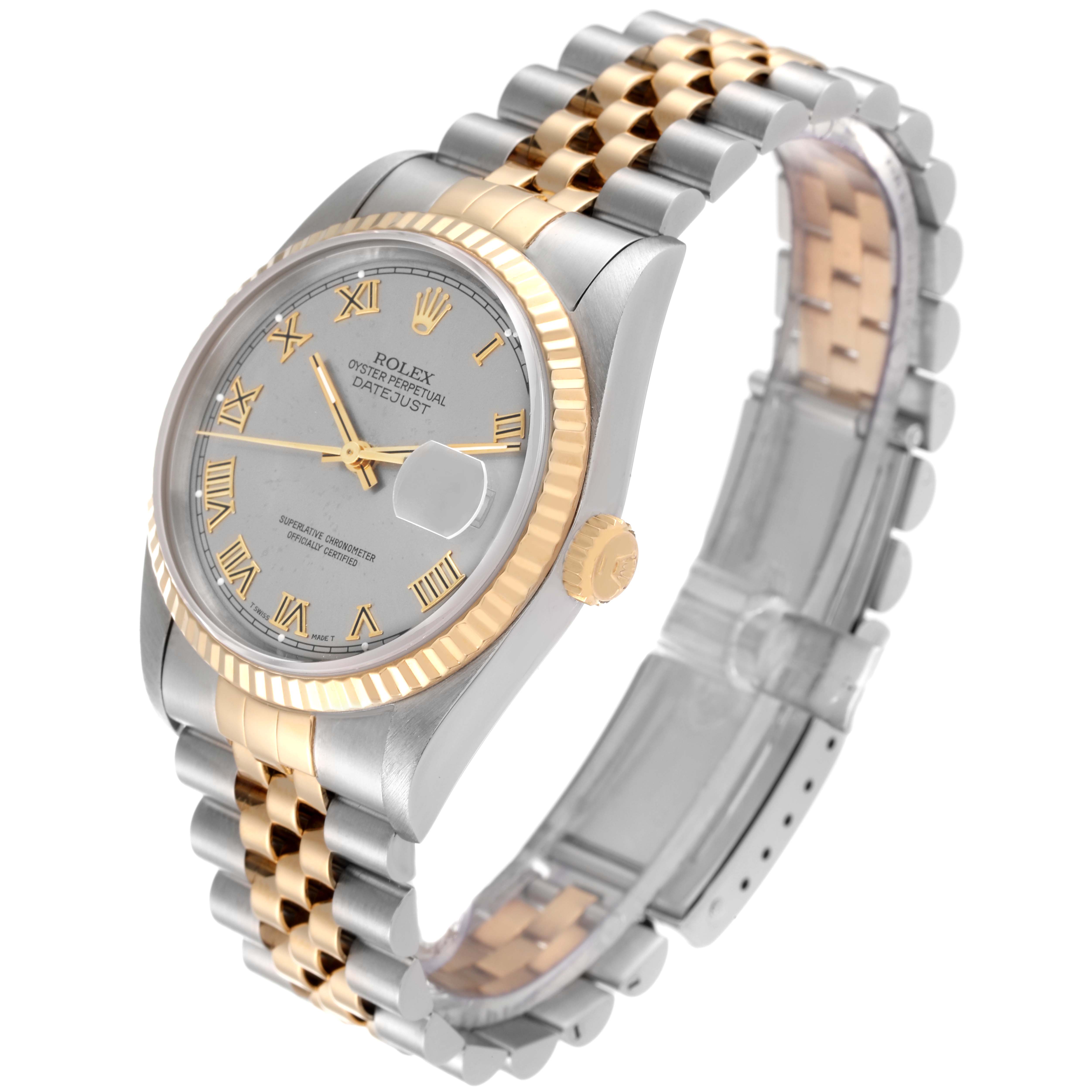 The image shows a Datejust model Rolex watch at a three-quarter angle, highlighting its dial, bezel, crown, and Jubilee bracelet.