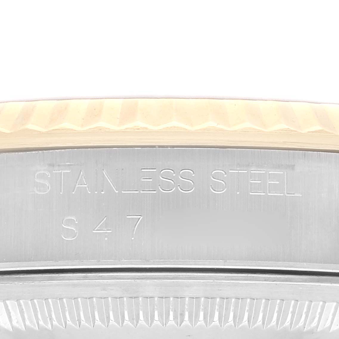 The image shows a close-up angle of the bezel and case back of a Rolex Datejust 16233 Men's Steel and Gold (two tone) Grey Dial 16233 Men's Steel and Gold (two tone) Grey Dial watch.