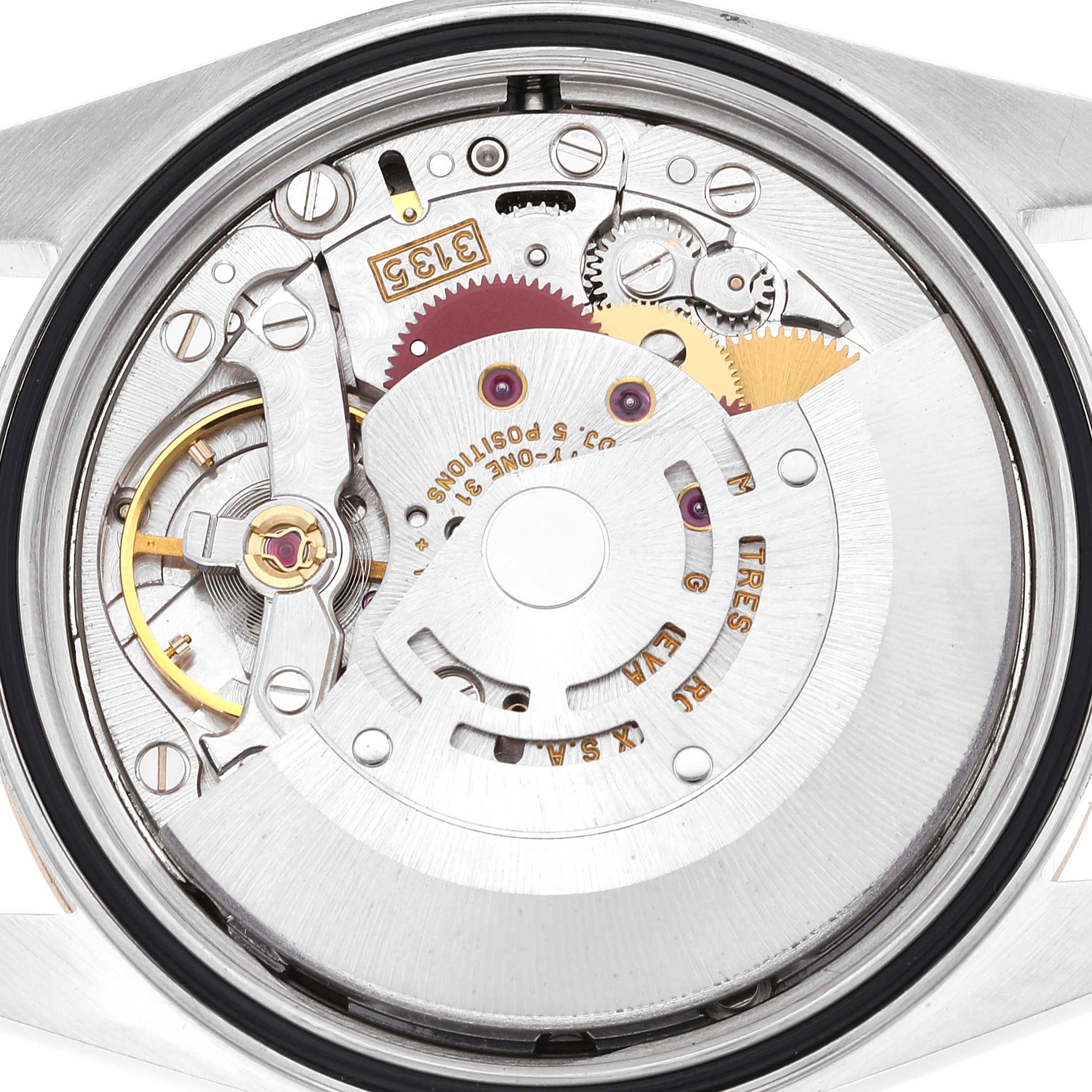 This image shows the internal mechanism of the Rolex Datejust 16233 Men's Steel and Gold (two tone) Grey Dial 16233 Men's Steel and Gold (two tone) Grey Dial watch from a top-down angle.