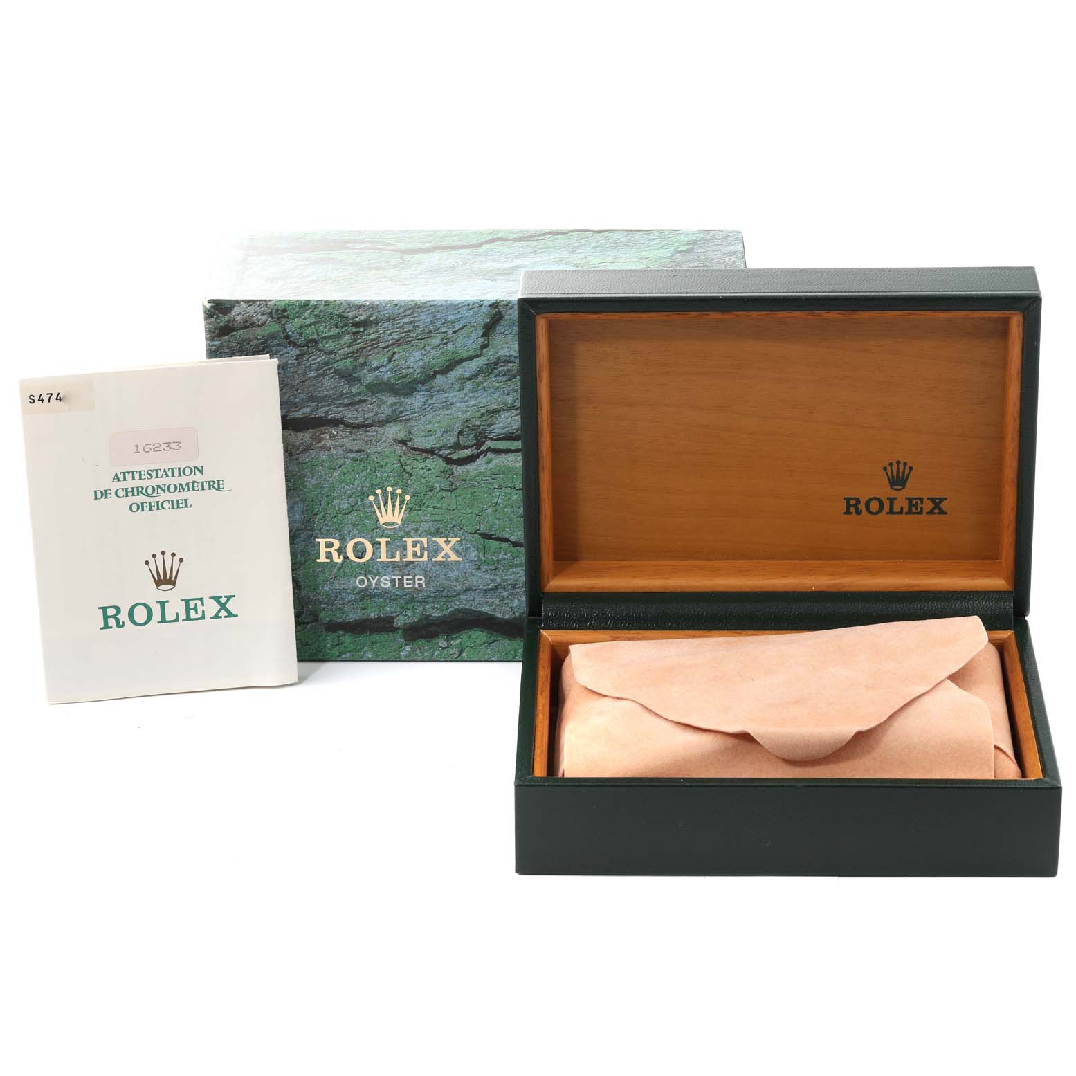 The image shows a Rolex Datejust 16233 Men's Steel and Gold (two tone) Grey Dial 16233 Men's Steel and Gold (two tone) Grey Dial box, an outer box, and an official chronometer certification booklet.