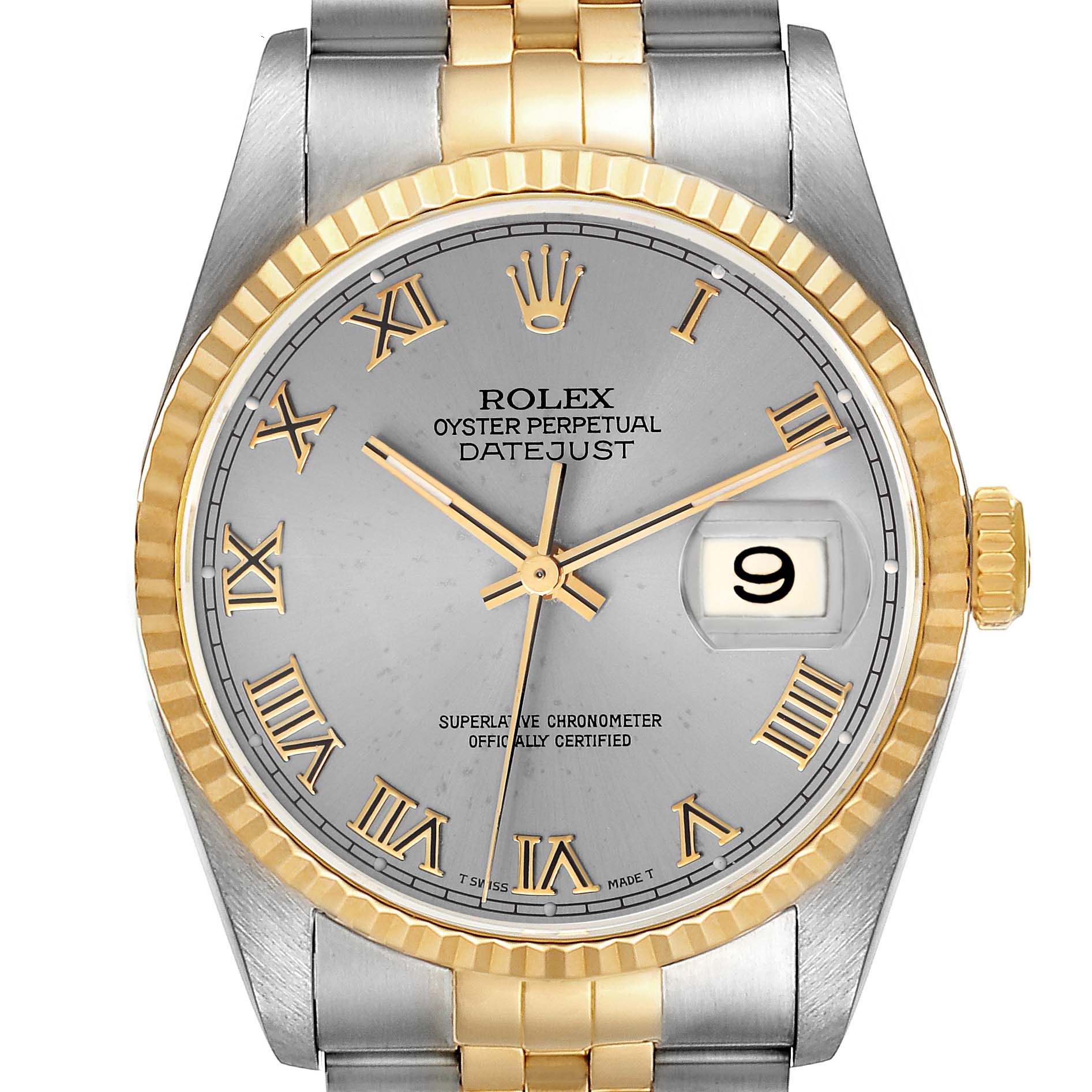 The image shows a front view of a Rolex Datejust 16233 Men's Steel and Gold (two tone) Grey Dial 16233 Men's Steel and Gold (two tone) Grey Dial watch, highlighting the gold and silver bracelet, fluted bezel, and dial with Roman numerals.