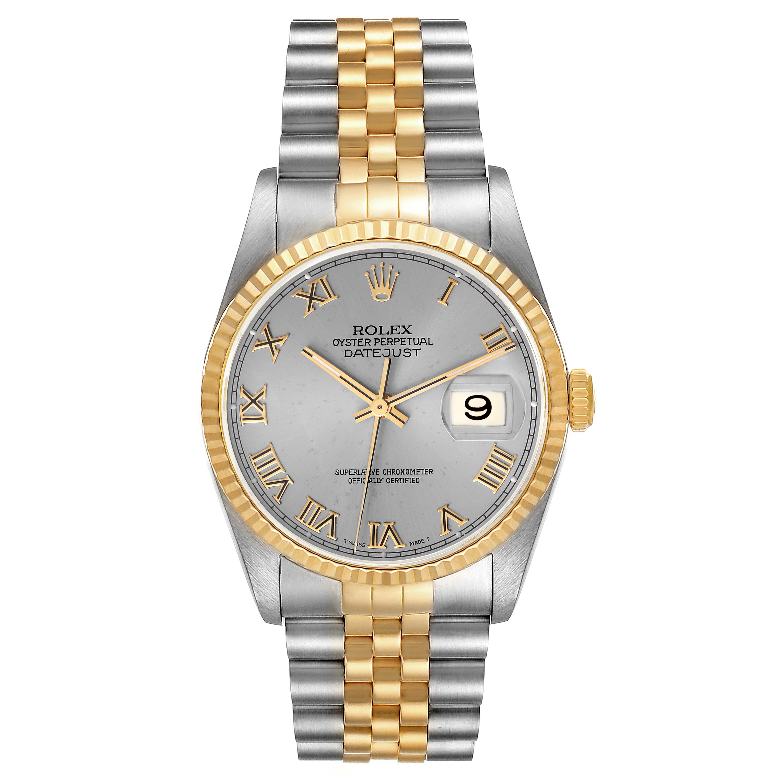The Rolex Datejust 16233 Men's Steel and Gold (two tone) Grey Dial 16233 Men's Steel and Gold (two tone) Grey Dial watch is shown from the front, displaying the dial, hands, date window, bezel, and bracelet.