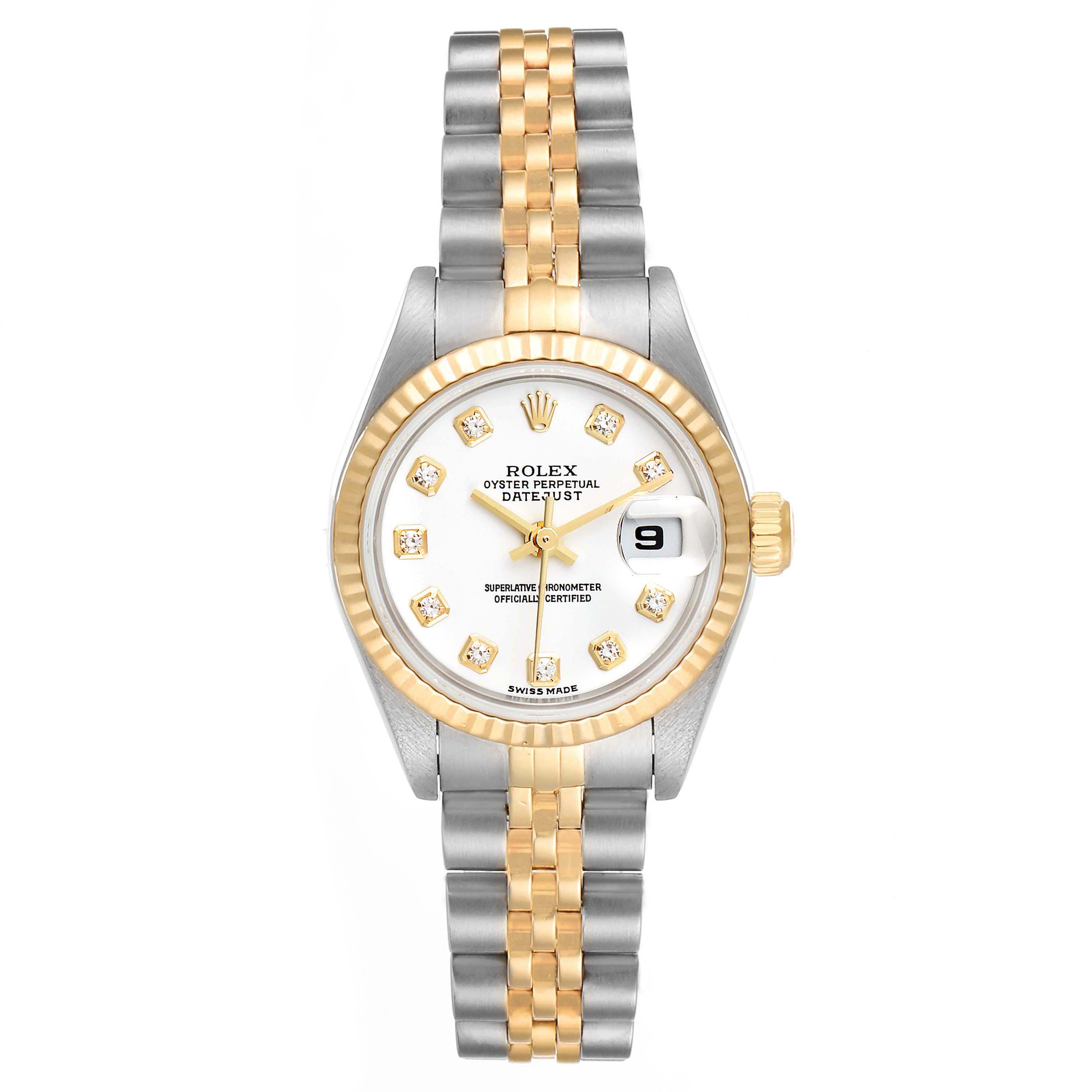 The Rolex Datejust 79173 Women's Steel and Gold (two tone) White Dial 79173 Women's Steel and Gold (two tone) White Dial watch is shown from a top-down angle, displaying the dial, bezel, and two-tone bracelet.
