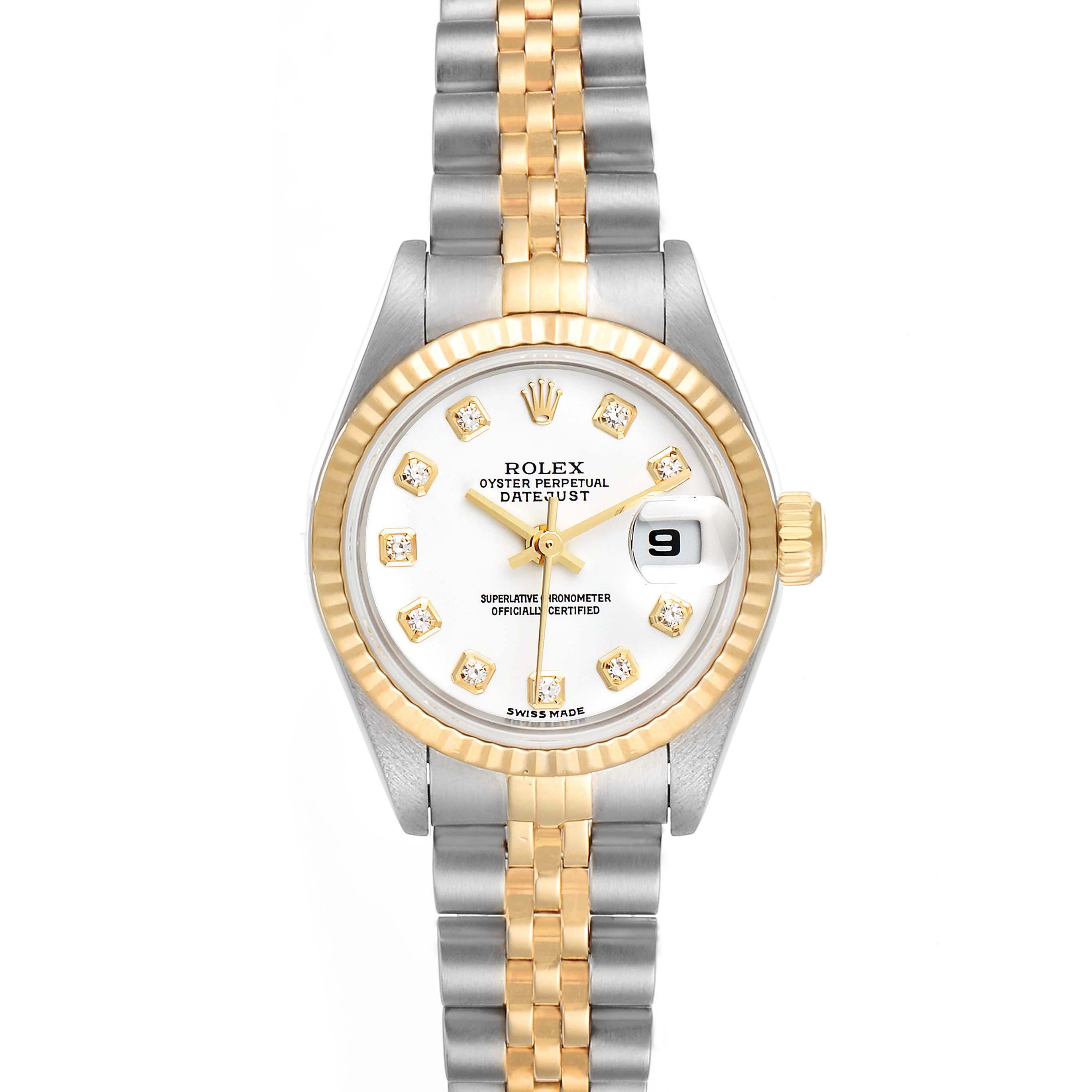 This image shows a front view of the Rolex Datejust 79173 Women's Steel and Gold (two tone) White Dial 79173 Women's Steel and Gold (two tone) White Dial watch, including its two-tone strap, white dial, and cyclops date window.