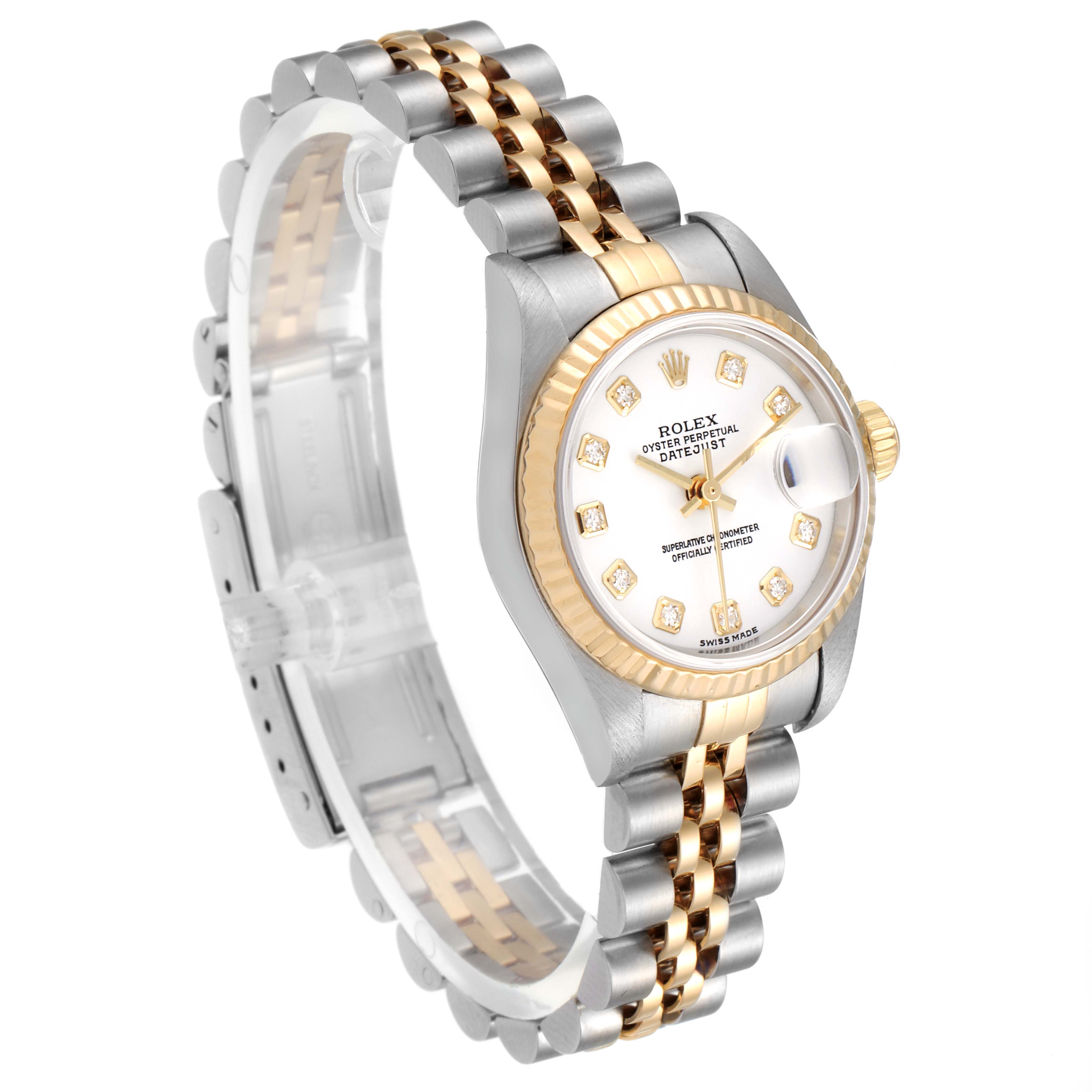 The image shows a Rolex Datejust 79173 Women's Steel and Gold (two tone) White Dial 79173 Women's Steel and Gold (two tone) White Dial watch at an angled top-down view, highlighting its bezel, dial, and two-tone bracelet.