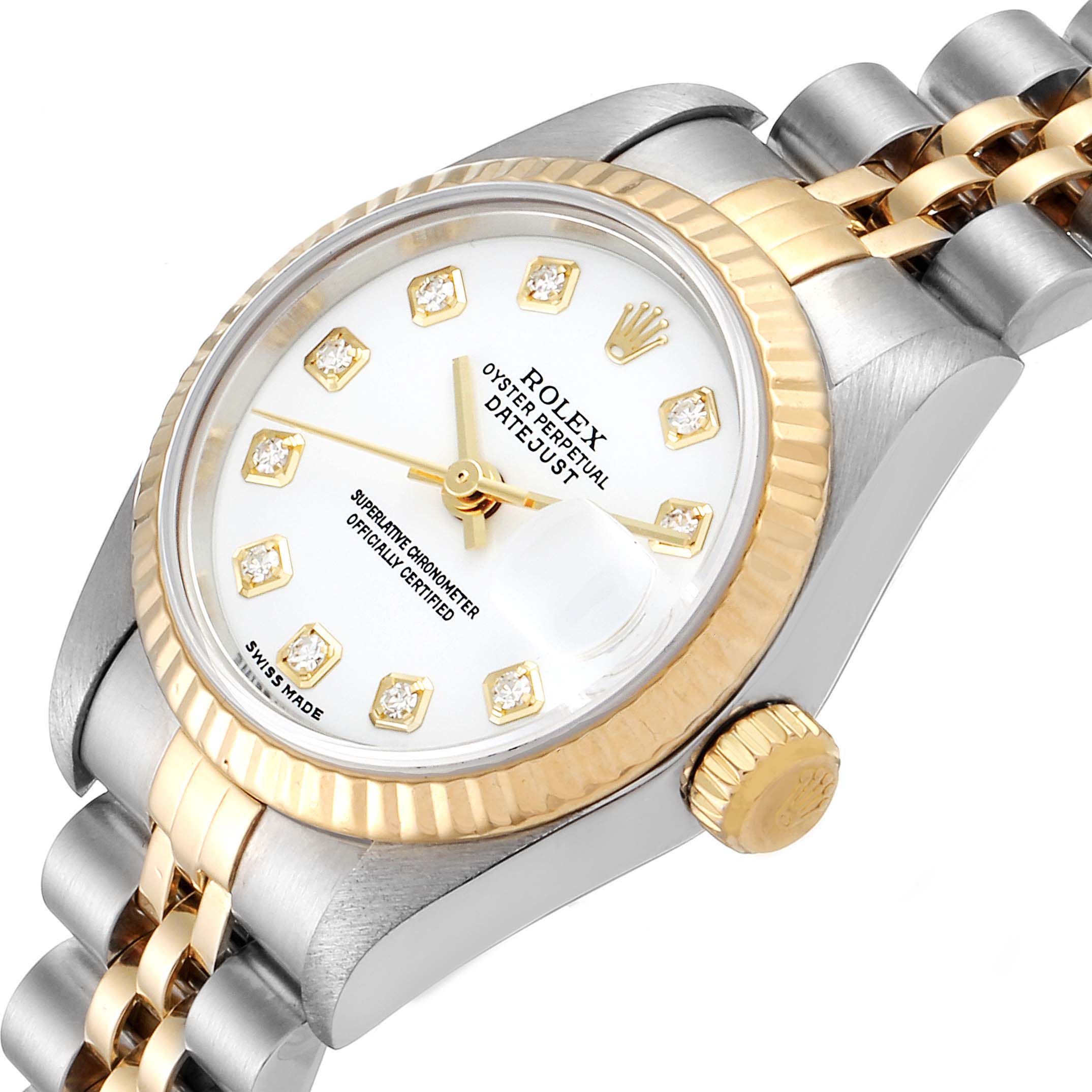 The Rolex Datejust 79173 Women's Steel and Gold (two tone) White Dial 79173 Women's Steel and Gold (two tone) White Dial watch is depicted at an angle showcasing the dial, bezel, crown, and part of the bracelet.