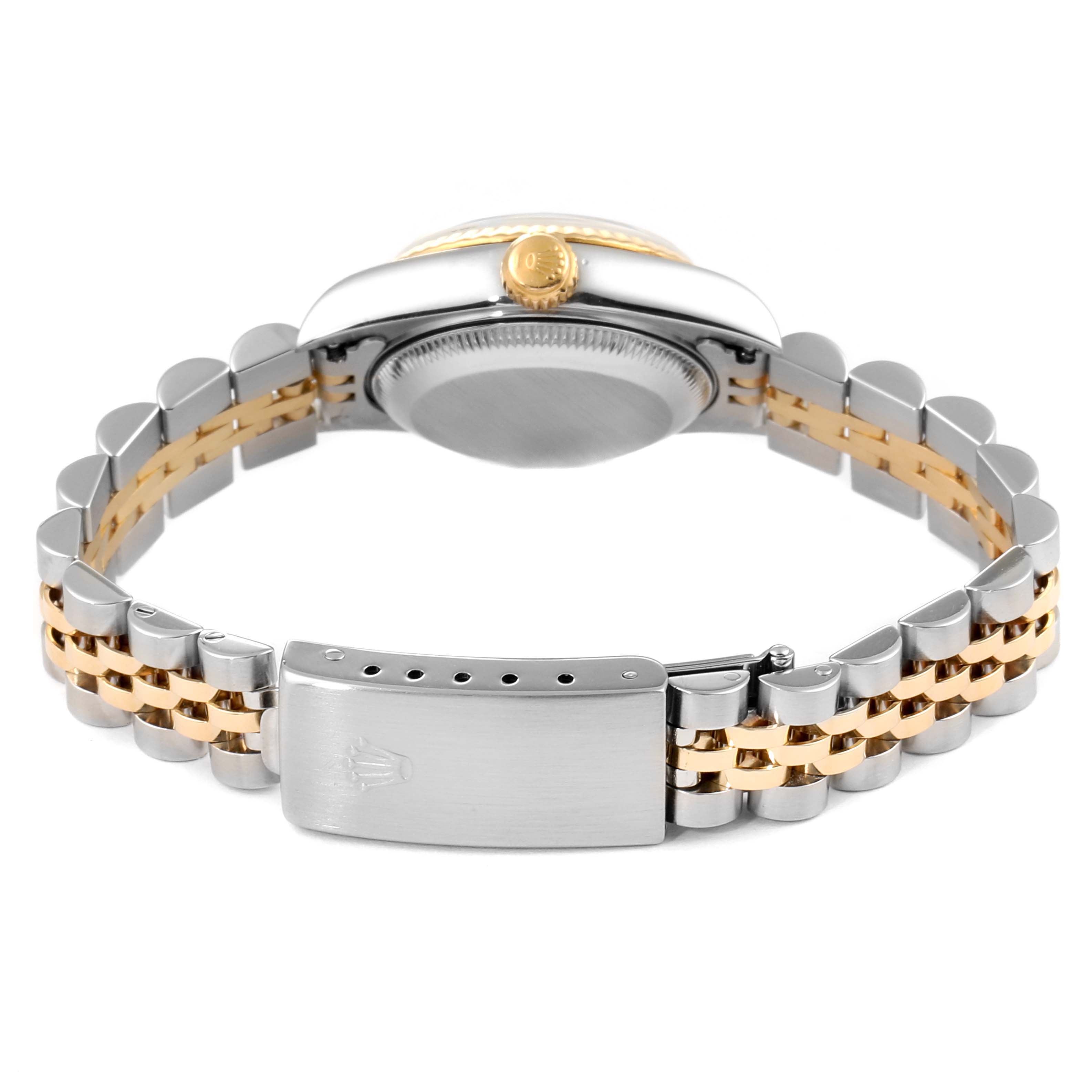 This image shows the back view of a Rolex Datejust 79173 Women's Steel and Gold (two tone) White Dial 79173 Women's Steel and Gold (two tone) White Dial watch including the clasp, bracelet, case back, and crown.