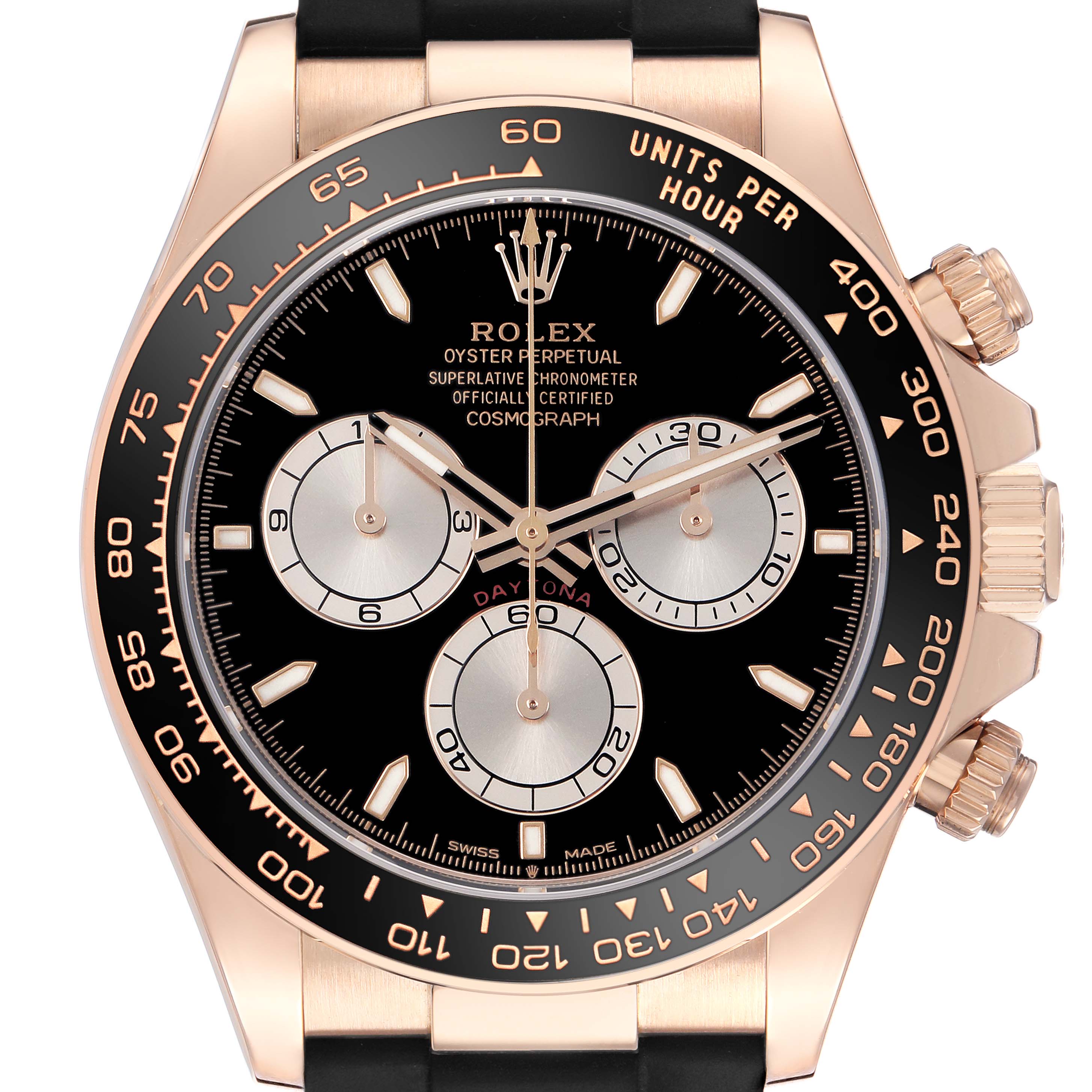 The Rolex Daytona 126515LN Men's Rose Gold Black Dial watch is shown from the front, displaying the face, bezel, and chronograph subdials.