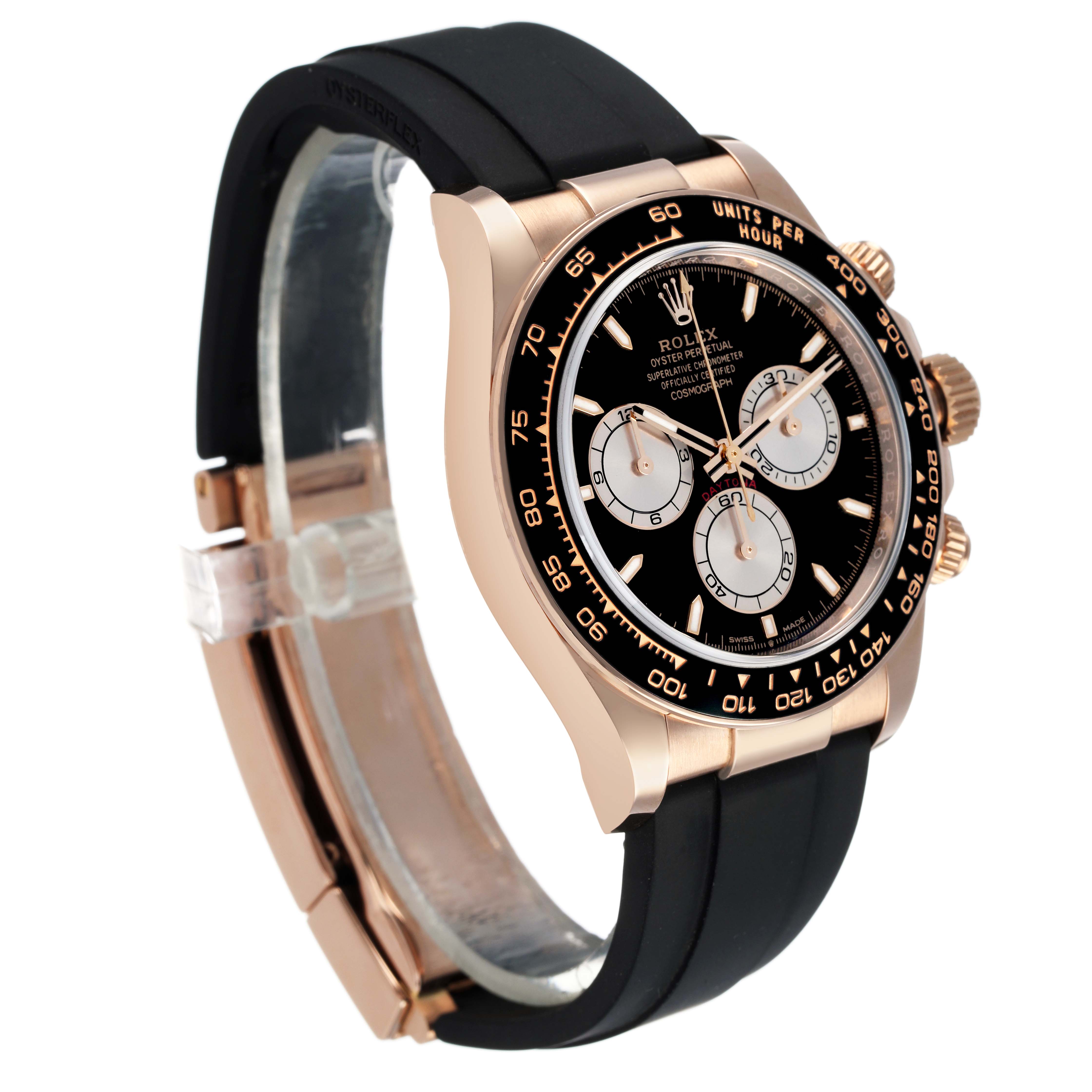 The Rolex Daytona 126515LN Men's Rose Gold Black Dial watch is shown at a slight angle, highlighting its bezel, dial, pushers, and black strap.