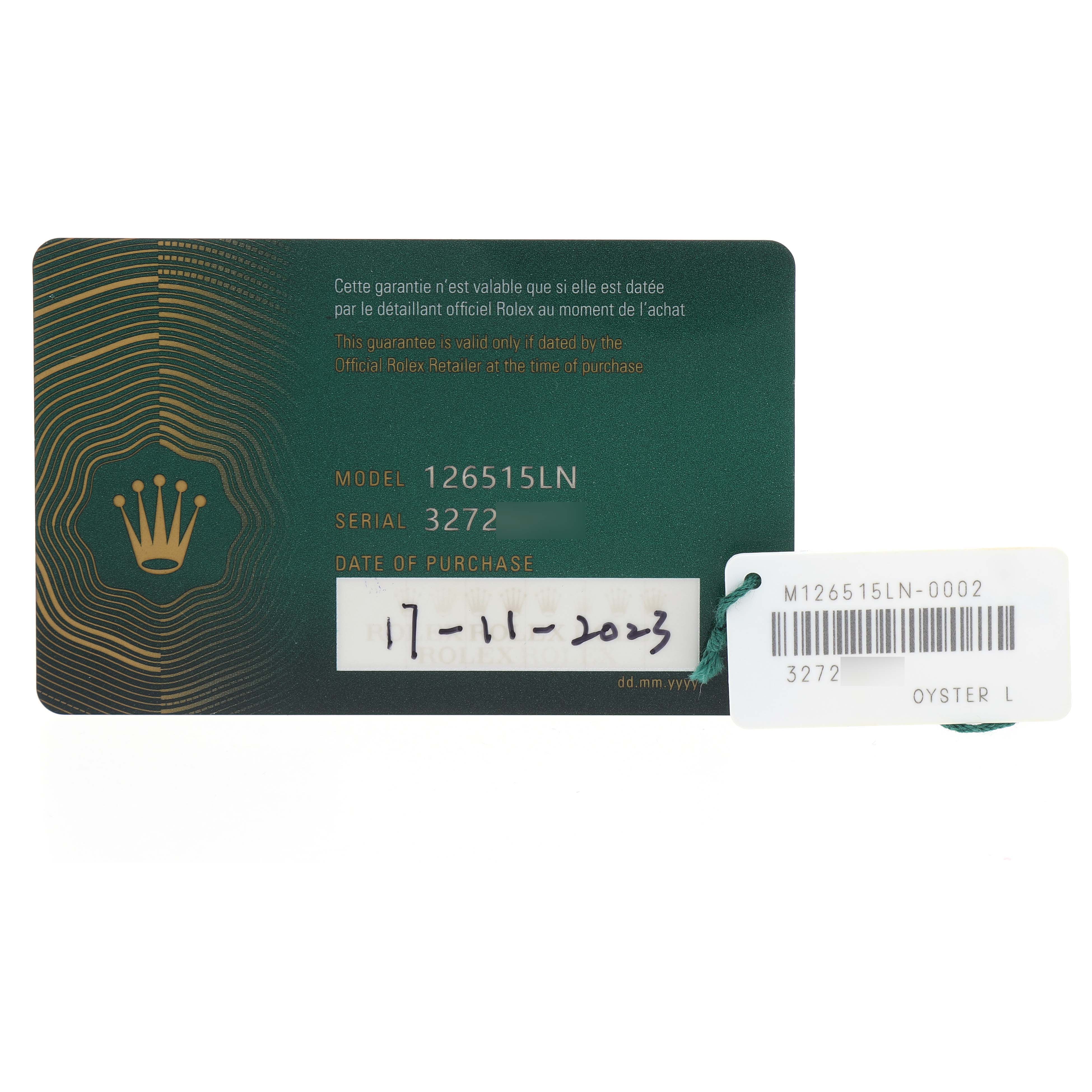 The image shows a Rolex Daytona 126515LN Men's Rose Gold Black Dial model card with details like model, serial number, and purchase date.