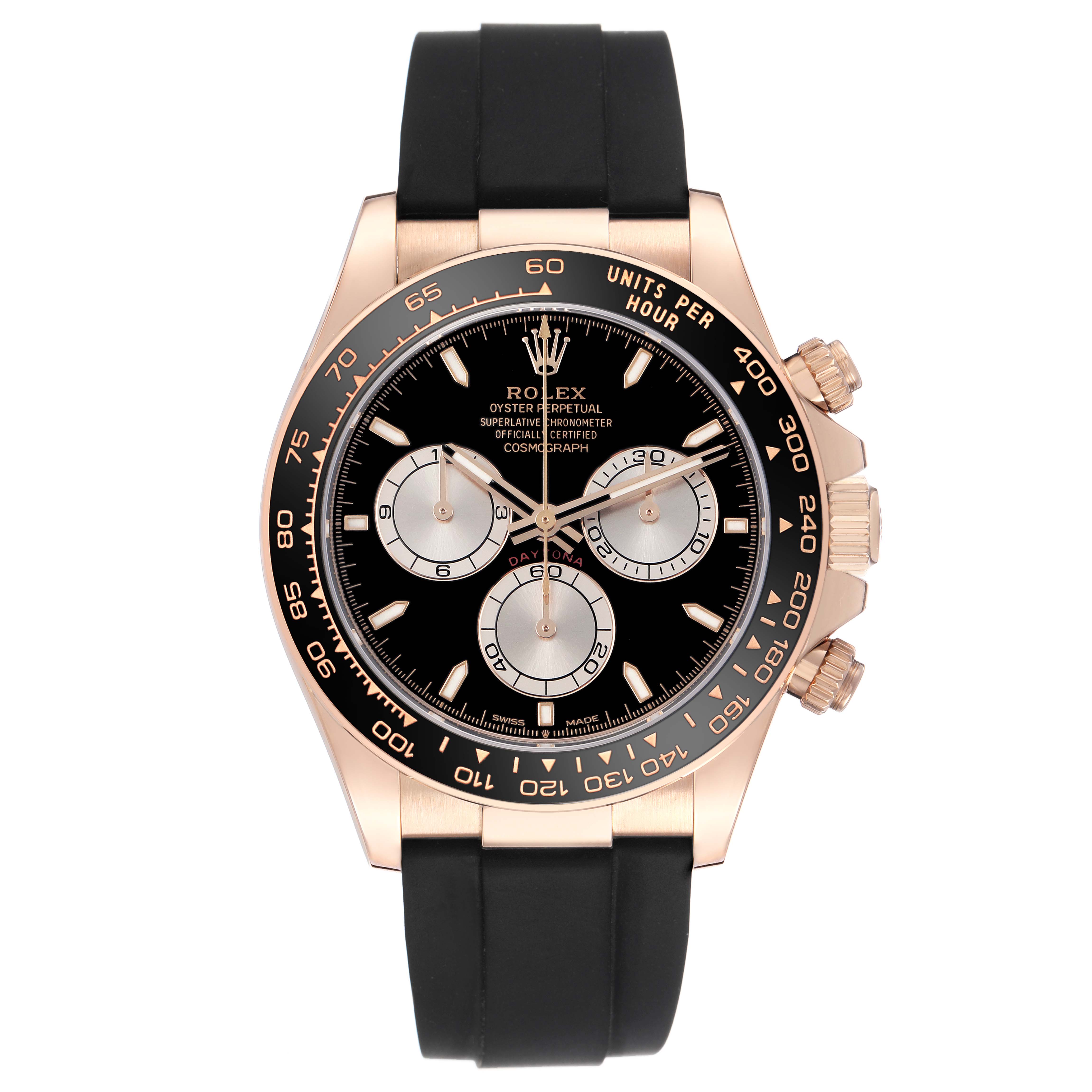 The Rolex Daytona 126515LN Men's Rose Gold Black Dial watch is shown from a front view displaying the dial, bezel, and rubber strap.