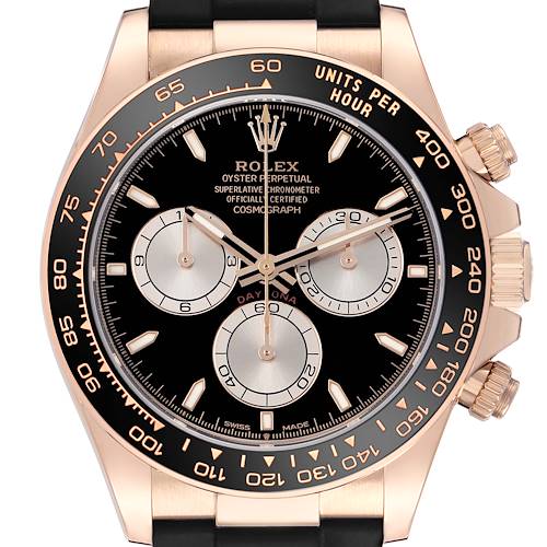 The Rolex Daytona 126515LN Men's Rose Gold Black Dial is shown from the front, highlighting the bezel, dial, subdials, crown, and hands.