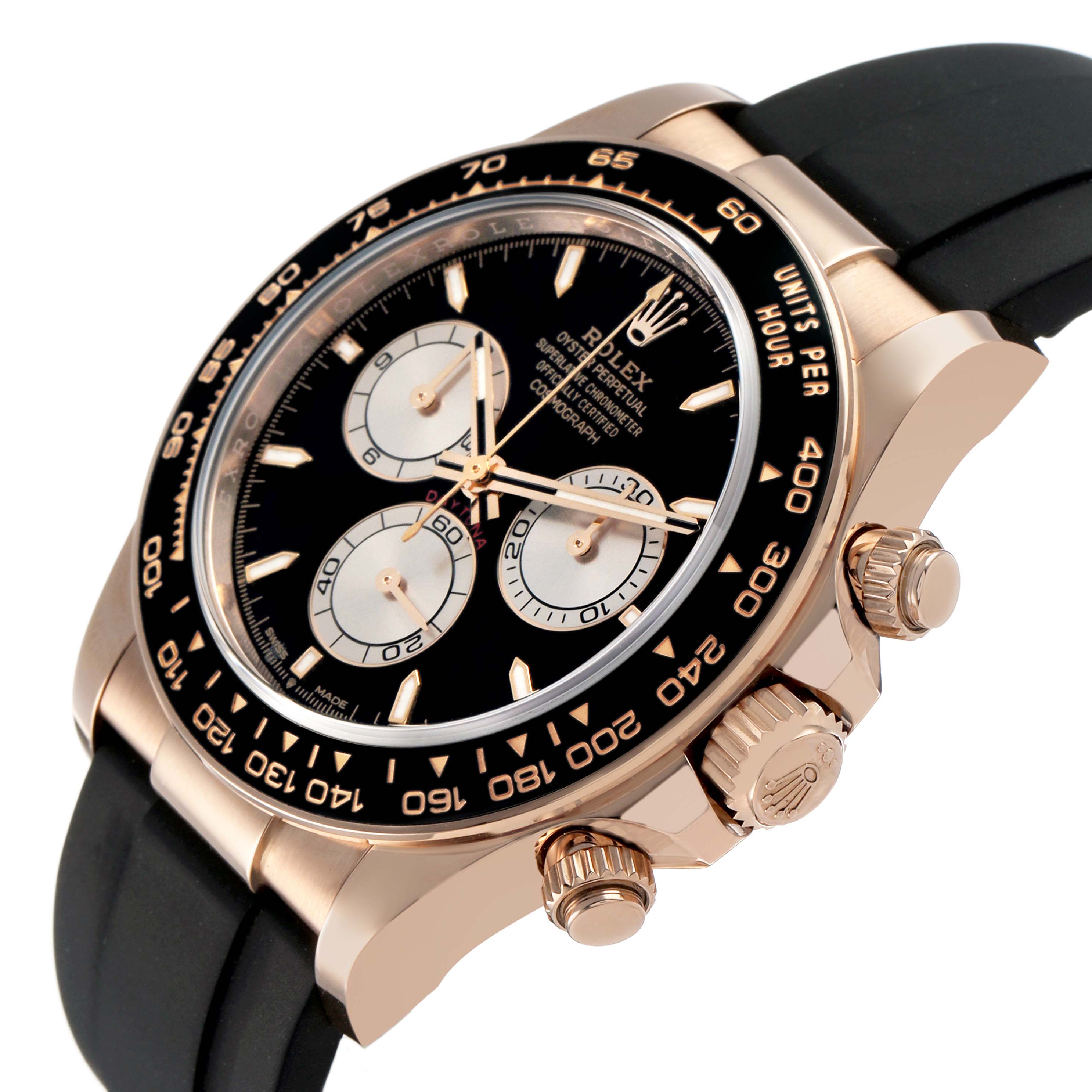 The Rolex Daytona 126515LN Men's Rose Gold Black Dial watch is shown at an angled side view, highlighting its black dial, chronograph subdials, bezel, and crown.