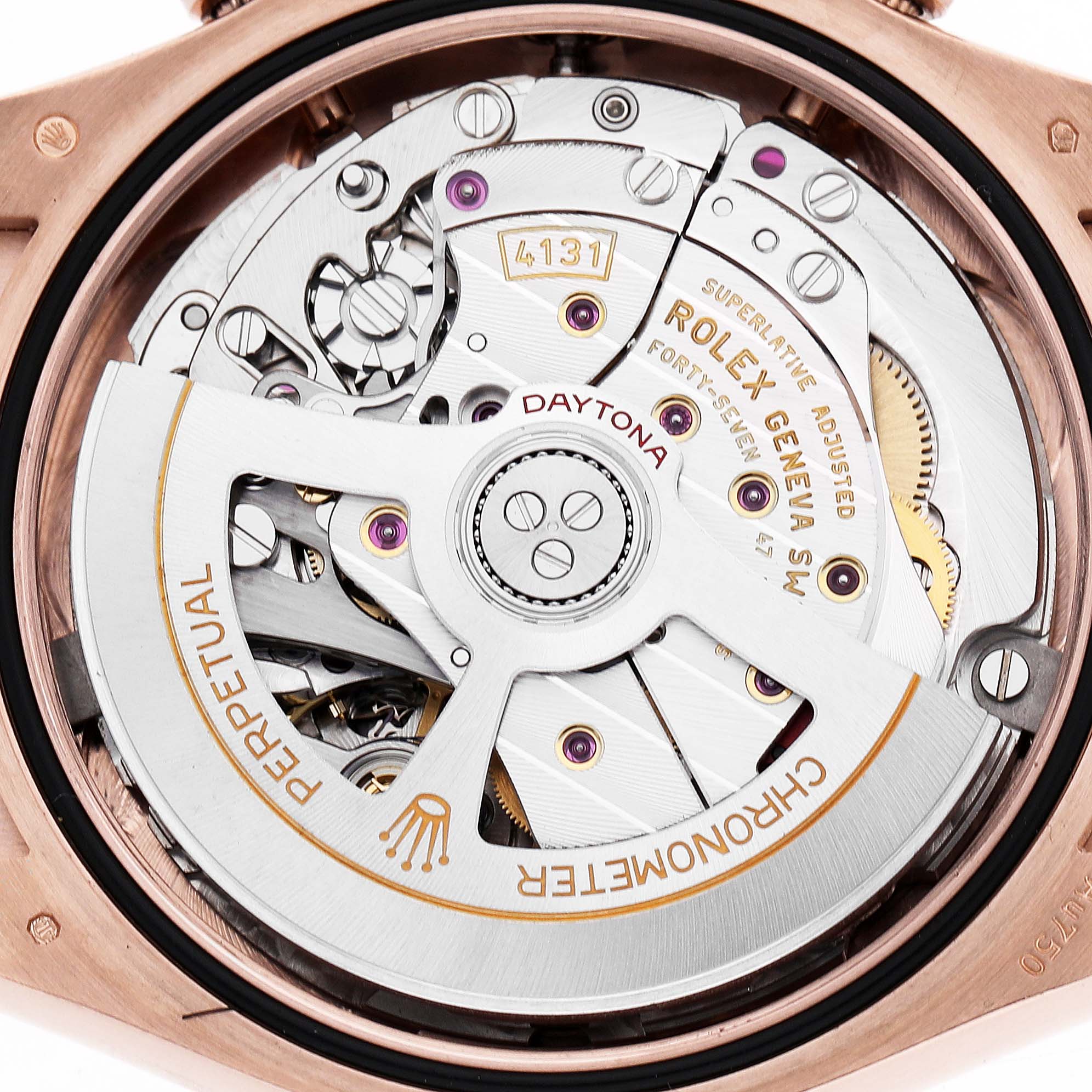 The image shows the movement of a Rolex Daytona 126515LN Men's Rose Gold Black Dial watch from a rear angle, highlighting its intricate mechanics and rotor.