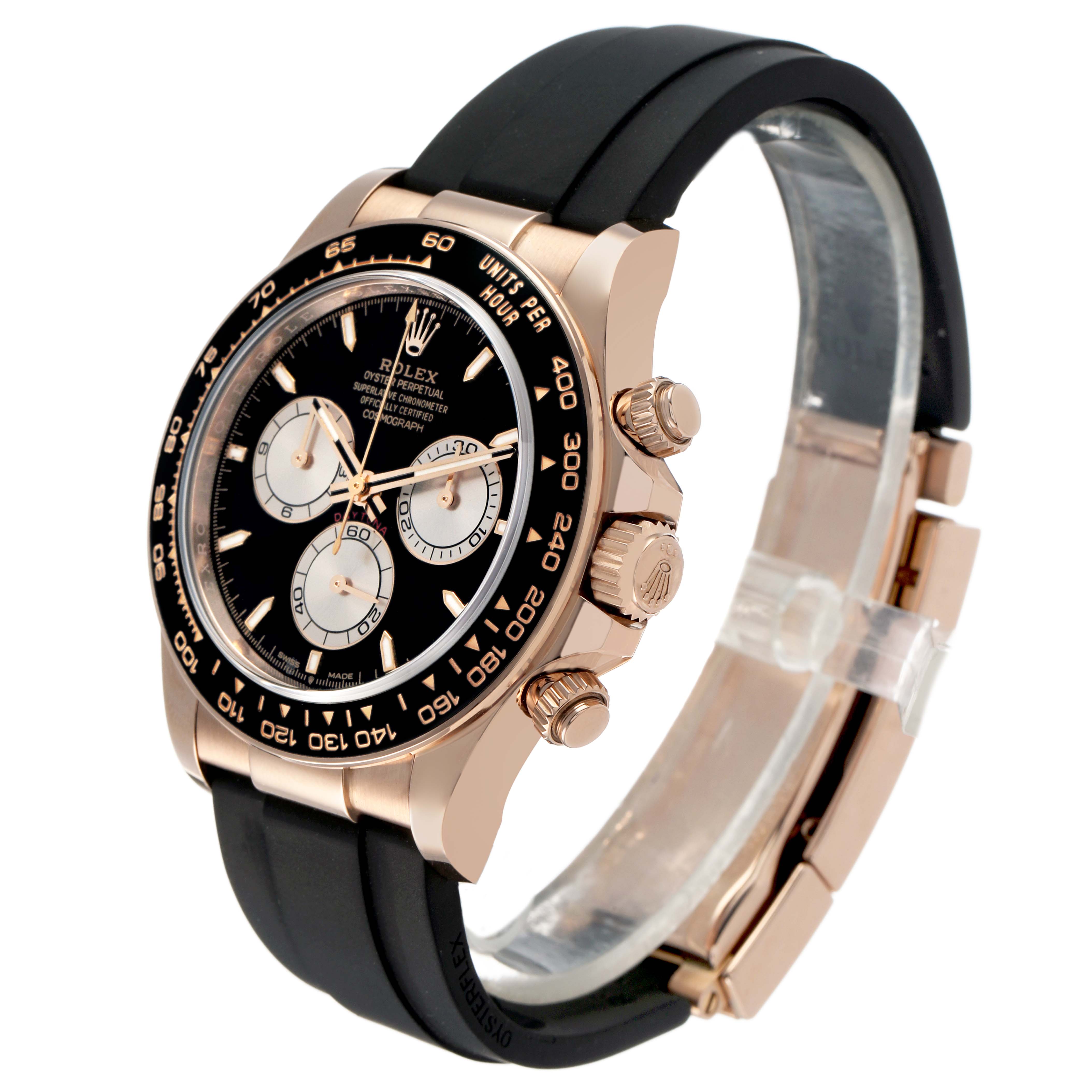 The Rolex Daytona 126515LN Men's Rose Gold Black Dial is shown at a three-quarter angle, highlighting the case, bezel, crown, pushers, and strap.