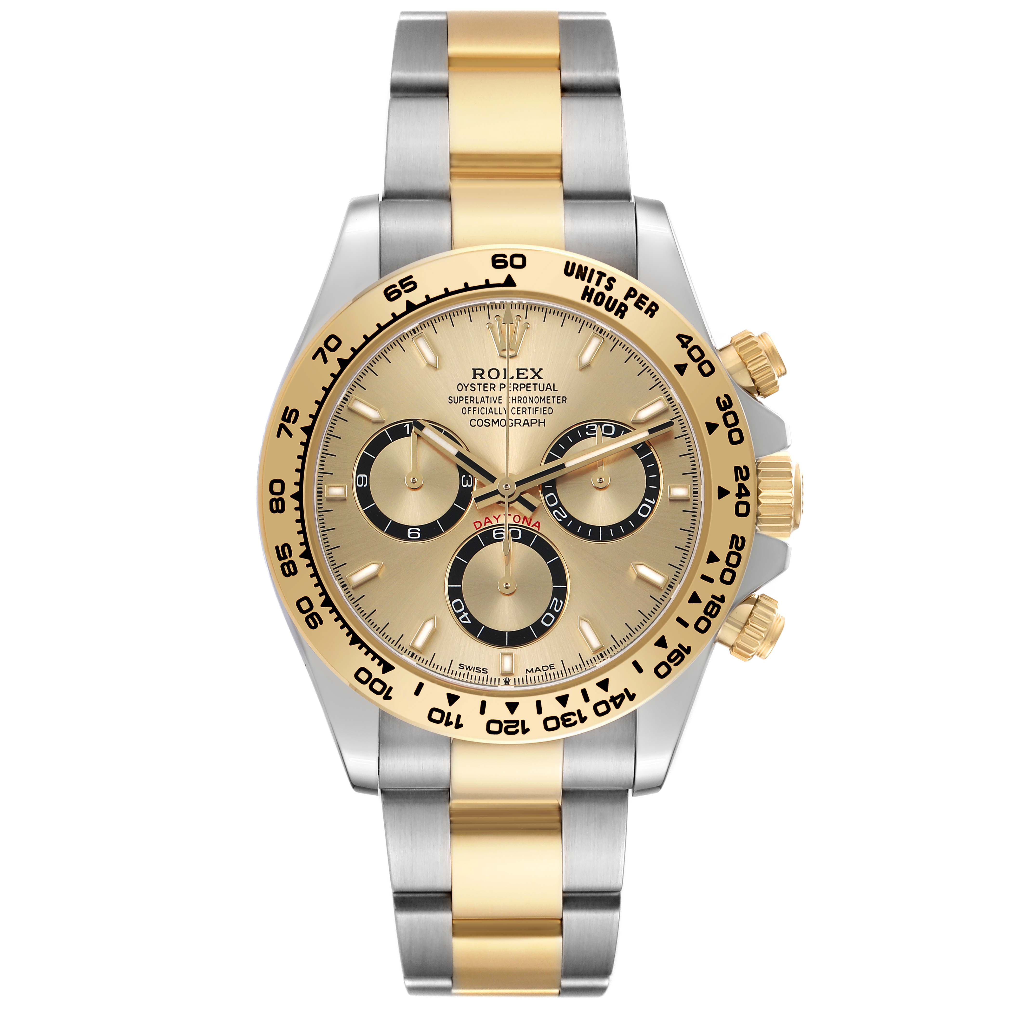 The Rolex Daytona 126503 Men's Steel and Gold (two tone) Champagne Dial watch is shown from a front view, highlighting the face, bezel, crown, and bracelet details.