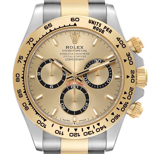 The image shows a front view of a Rolex Daytona 126503 Men's Steel and Gold (two tone) Champagne Dial watch, highlighting its dial, bezel, and pushers.