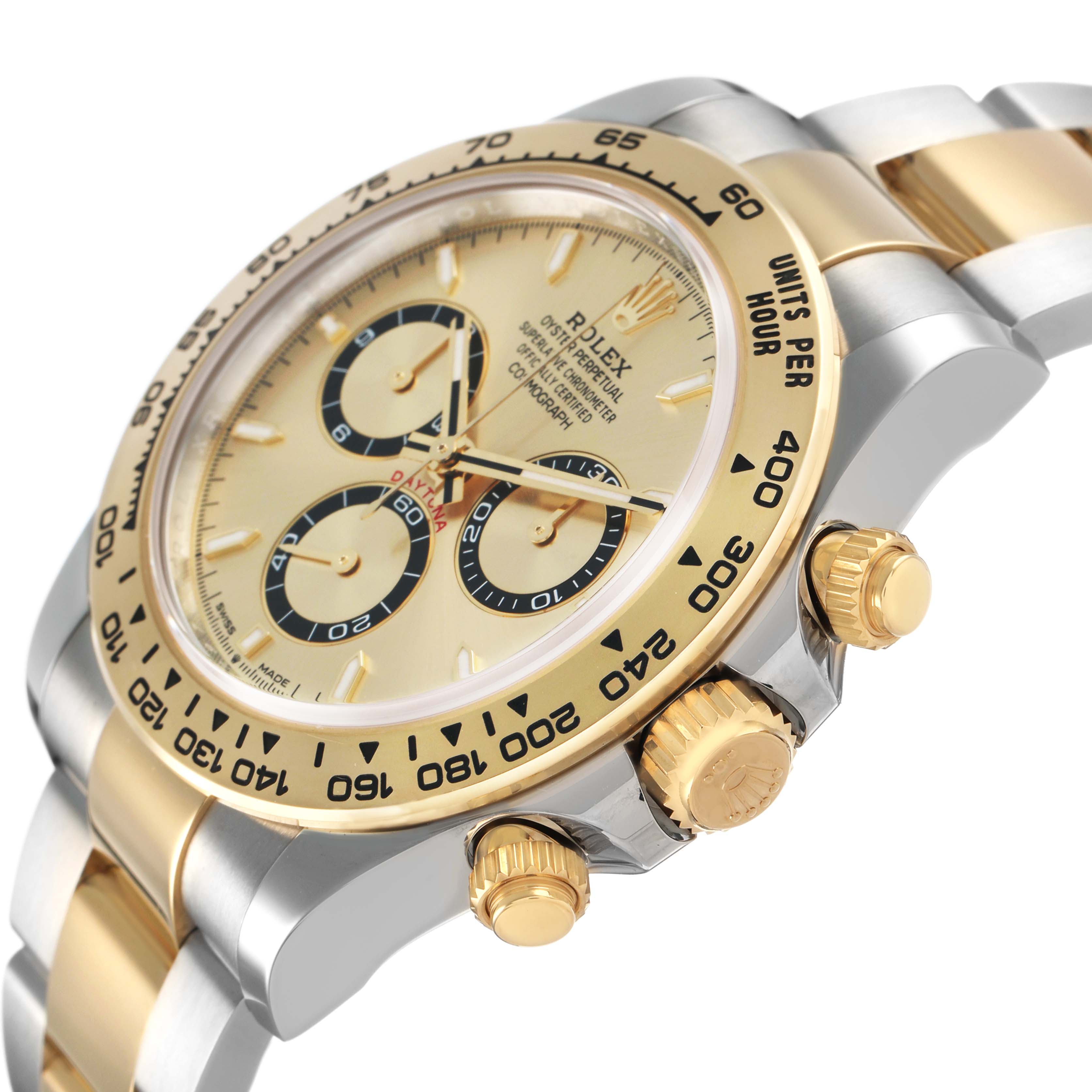 The Rolex Daytona 126503 Men's Steel and Gold (two tone) Champagne Dial watch is shown at an angled close-up, highlighting its gold and steel bracelet, bezel, and chronograph dials.