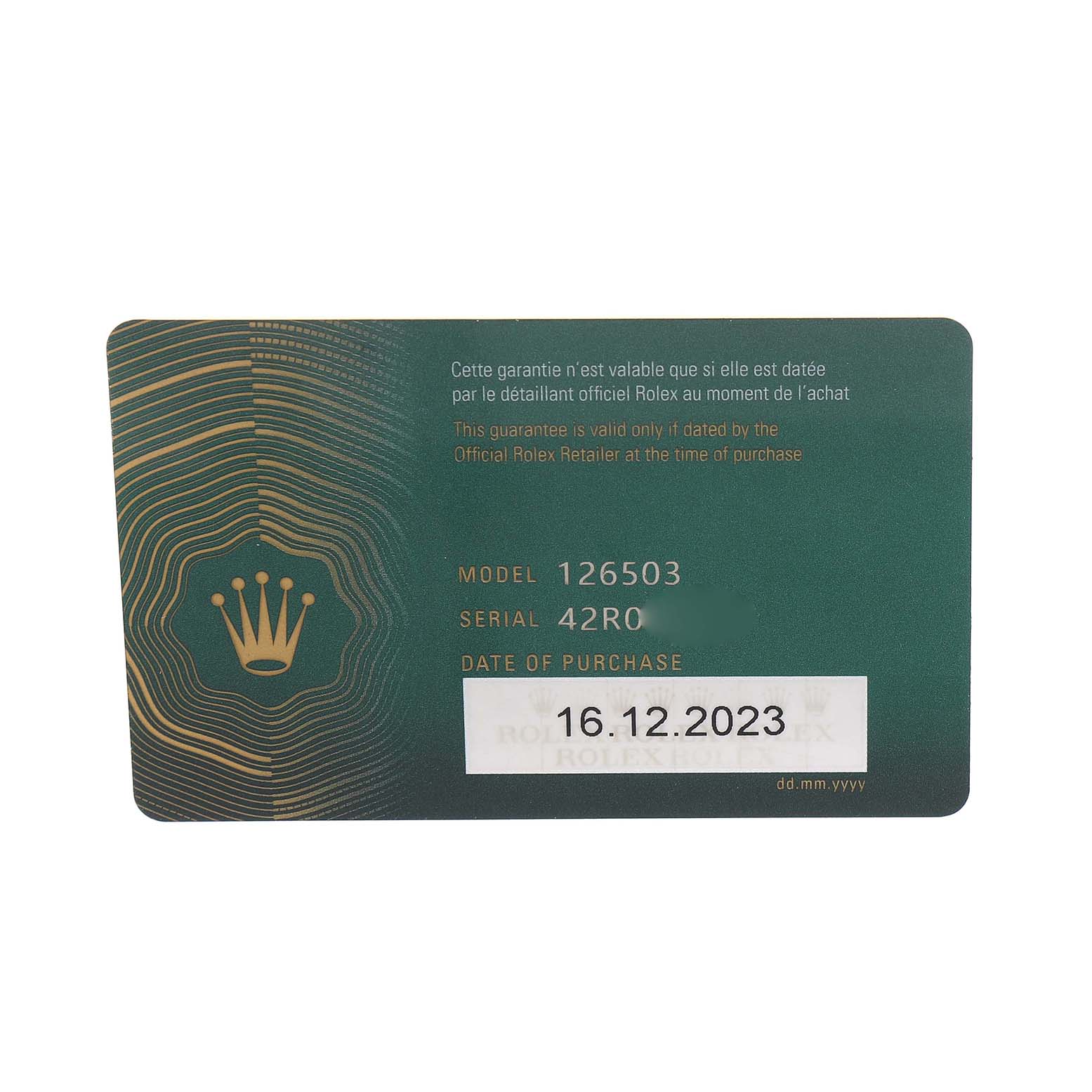 The image shows a Rolex warranty card for the Daytona model, displaying model number, serial number, and purchase date.