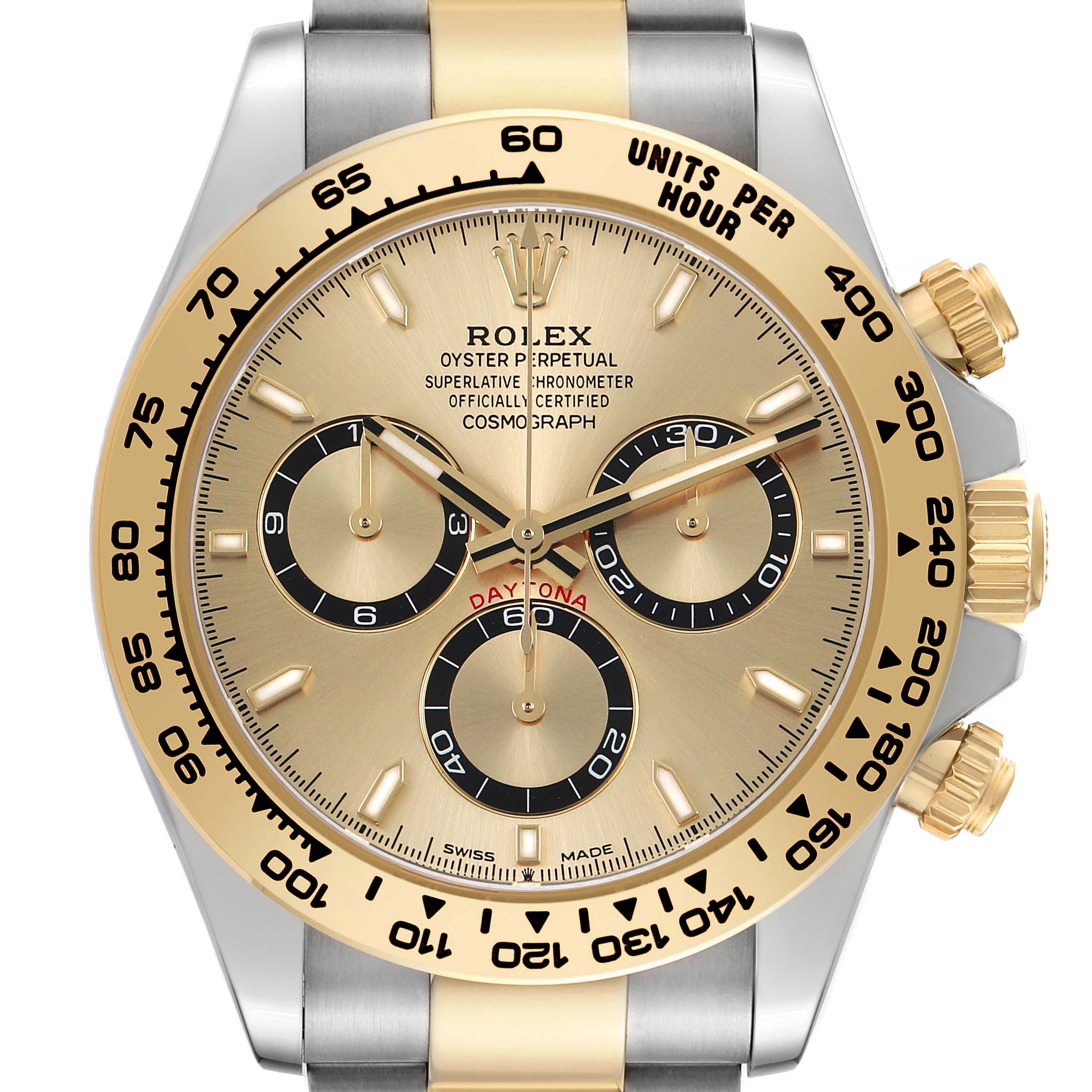 The Rolex Daytona 126503 Men's Steel and Gold (two tone) Champagne Dial watch is shown from a front angle, highlighting its gold bezel, dial, and subdials.