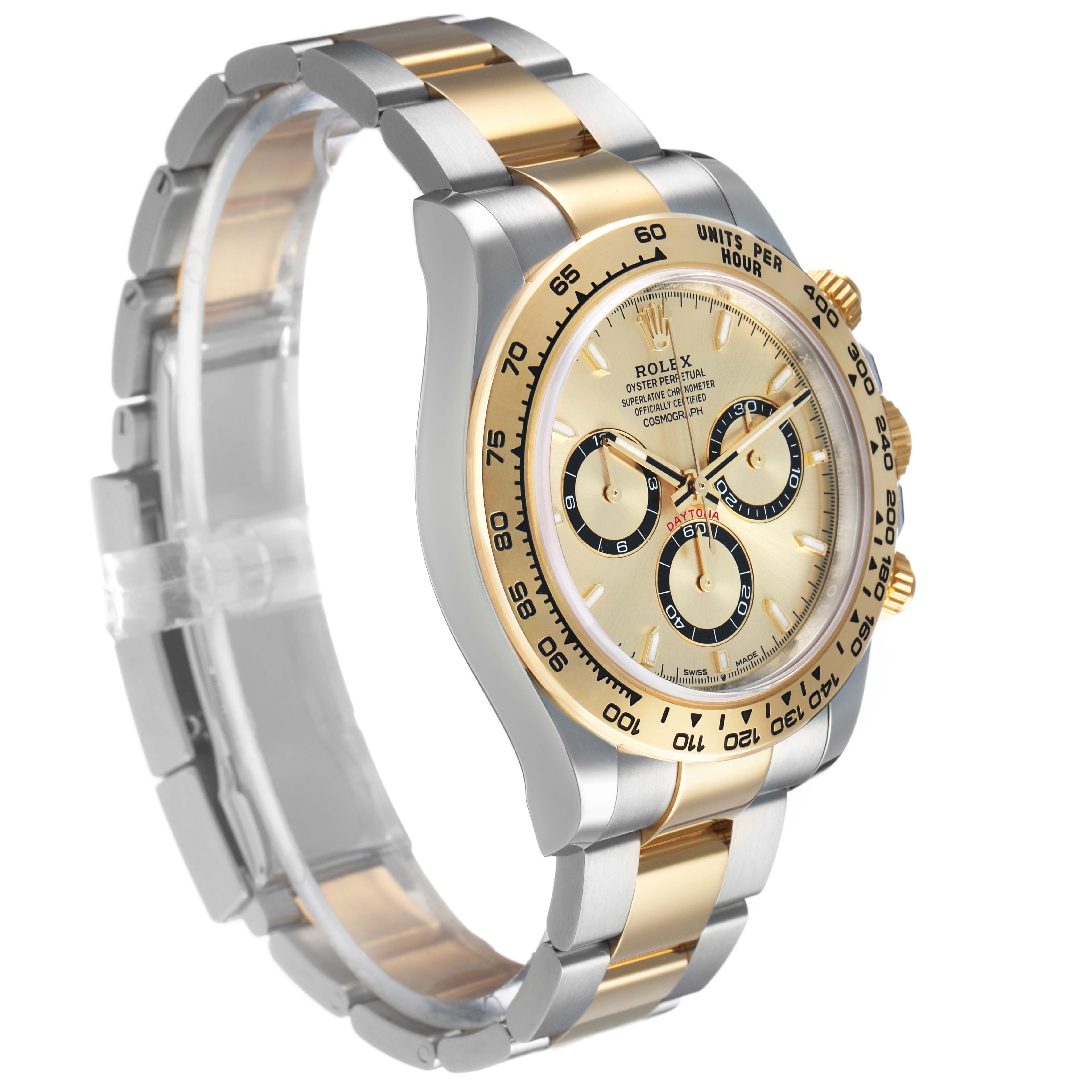 The Rolex Daytona 126503 Men's Steel and Gold (two tone) Champagne Dial watch is shown at a slight angle, highlighting its bezel, crown, and two-tone bracelet.