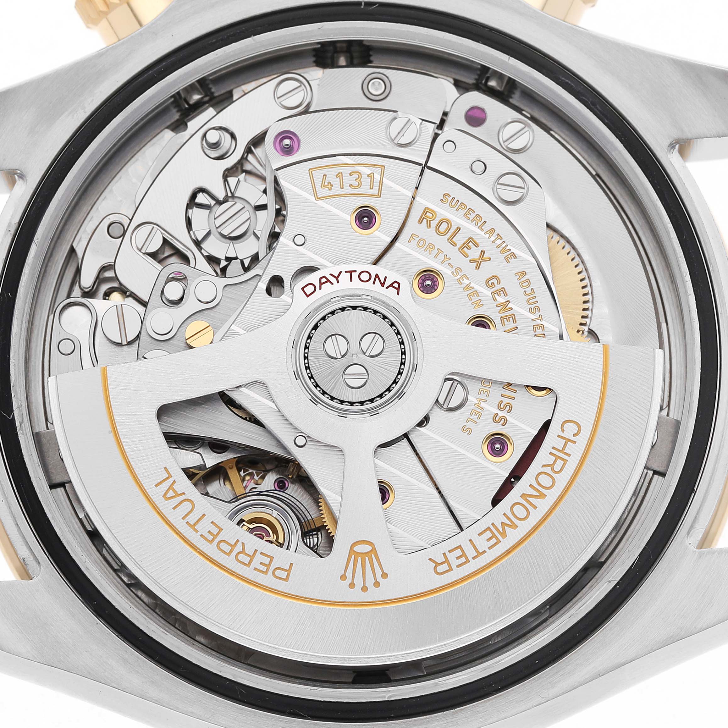 The image shows the case back of a Rolex Daytona 126503 Men's Steel and Gold (two tone) Champagne Dial, featuring the intricate mechanical movement and rotor.