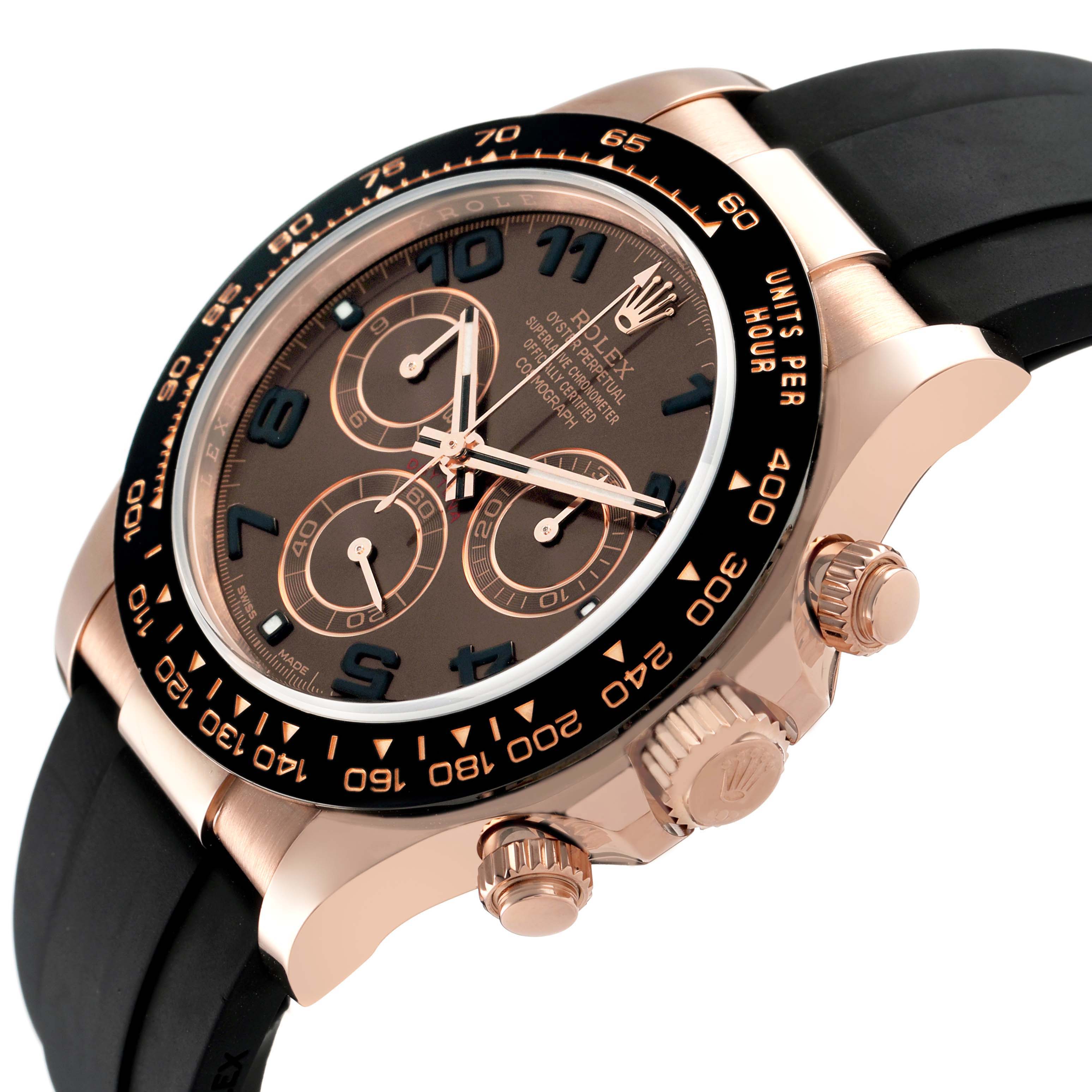 The Rolex Daytona 116515LN Mens Rose Gold Brown Dial watch is shown at an angled side view displaying its face, bezel, crown, and pushers.