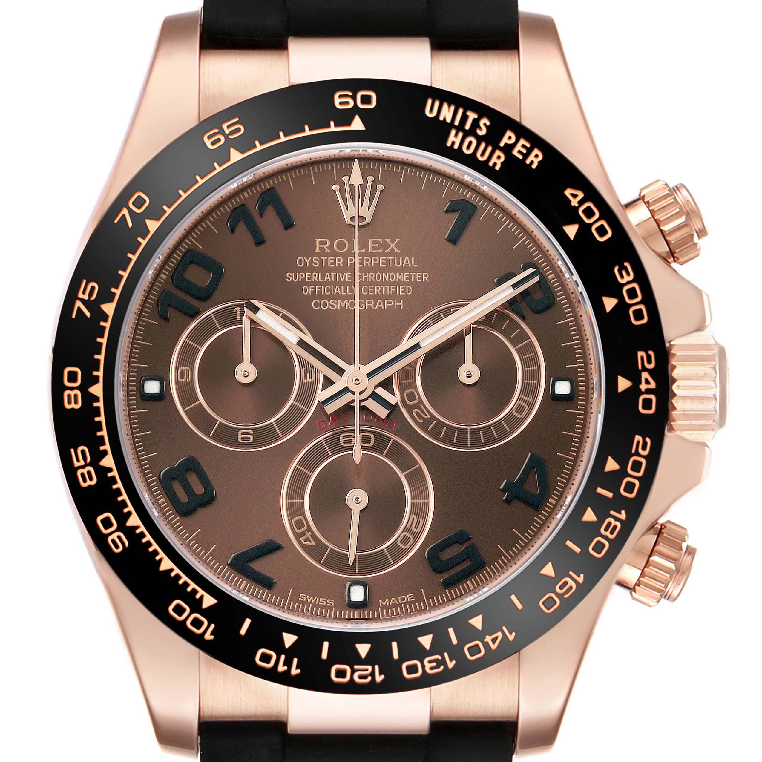 This image shows a frontal view of the Rolex Daytona 116515LN Mens Rose Gold Brown Dial watch, highlighting its dial, bezel, and pushers.