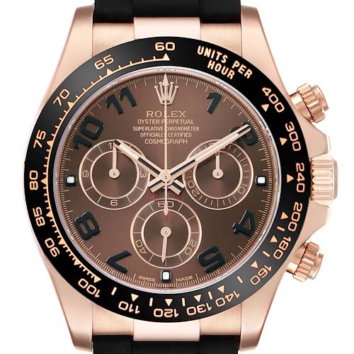 The Rolex Daytona 116515LN Men's Rose Gold Brown Dial watch is shown from the front, highlighting the bezel, dial, and subdials clearly.