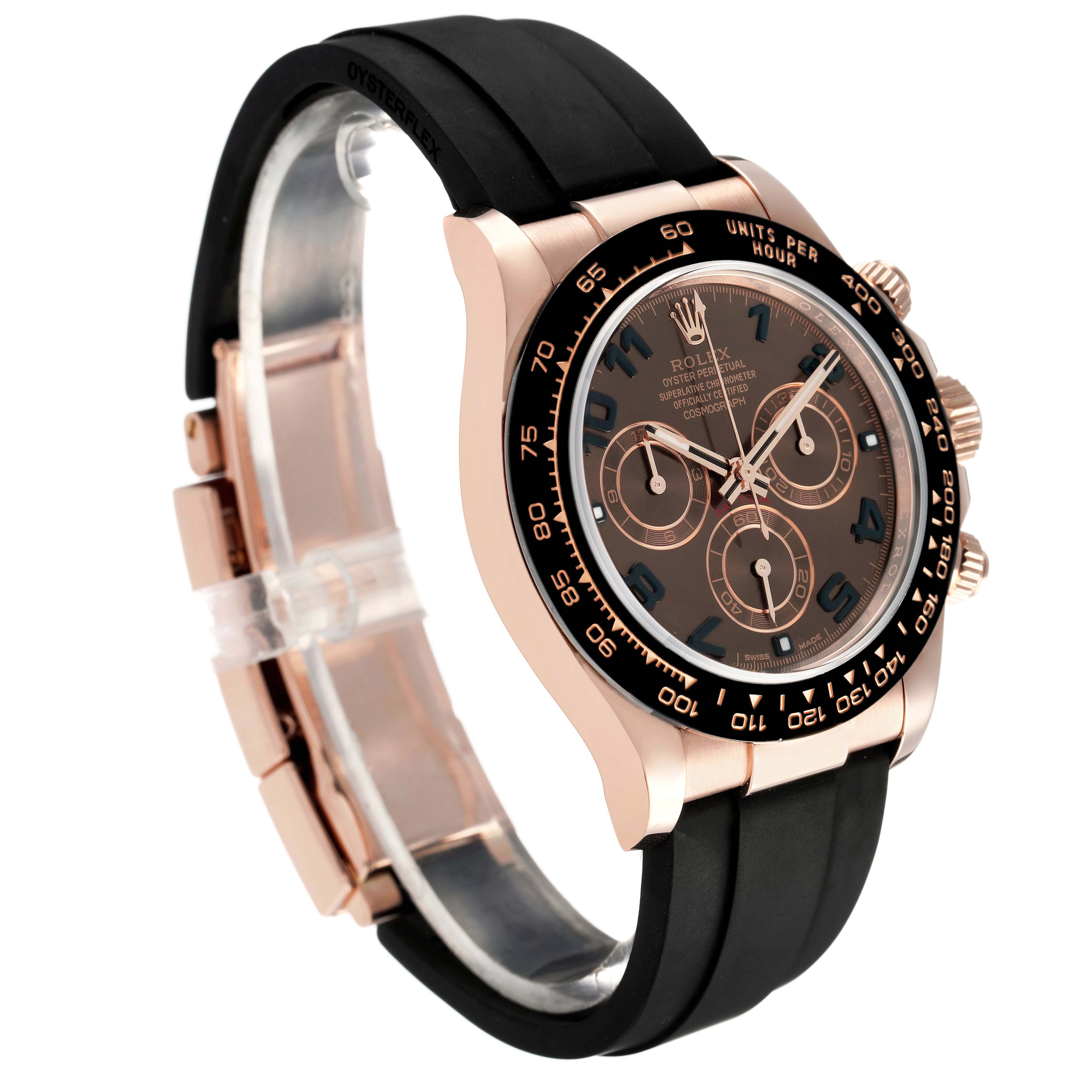 The Rolex Daytona 116515LN Mens Rose Gold Brown Dial watch is shown at an angle highlighting the face, case, bezel, pushers, and black Oysterflex strap.