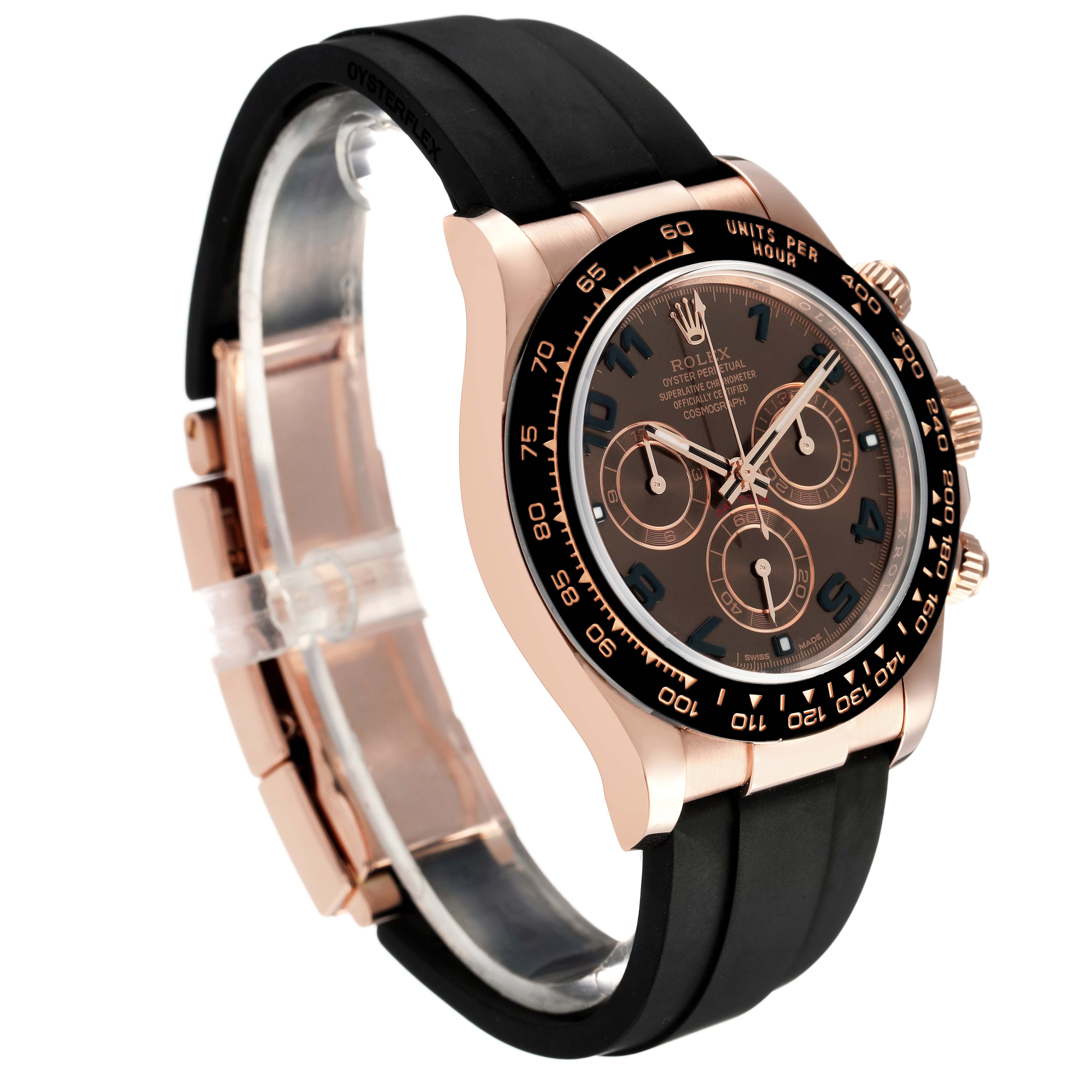 The Rolex Daytona 116515LN Men's Rose Gold Brown Dial is shown from a side angle, displaying its face, bezel, crown, strap, and clasp.