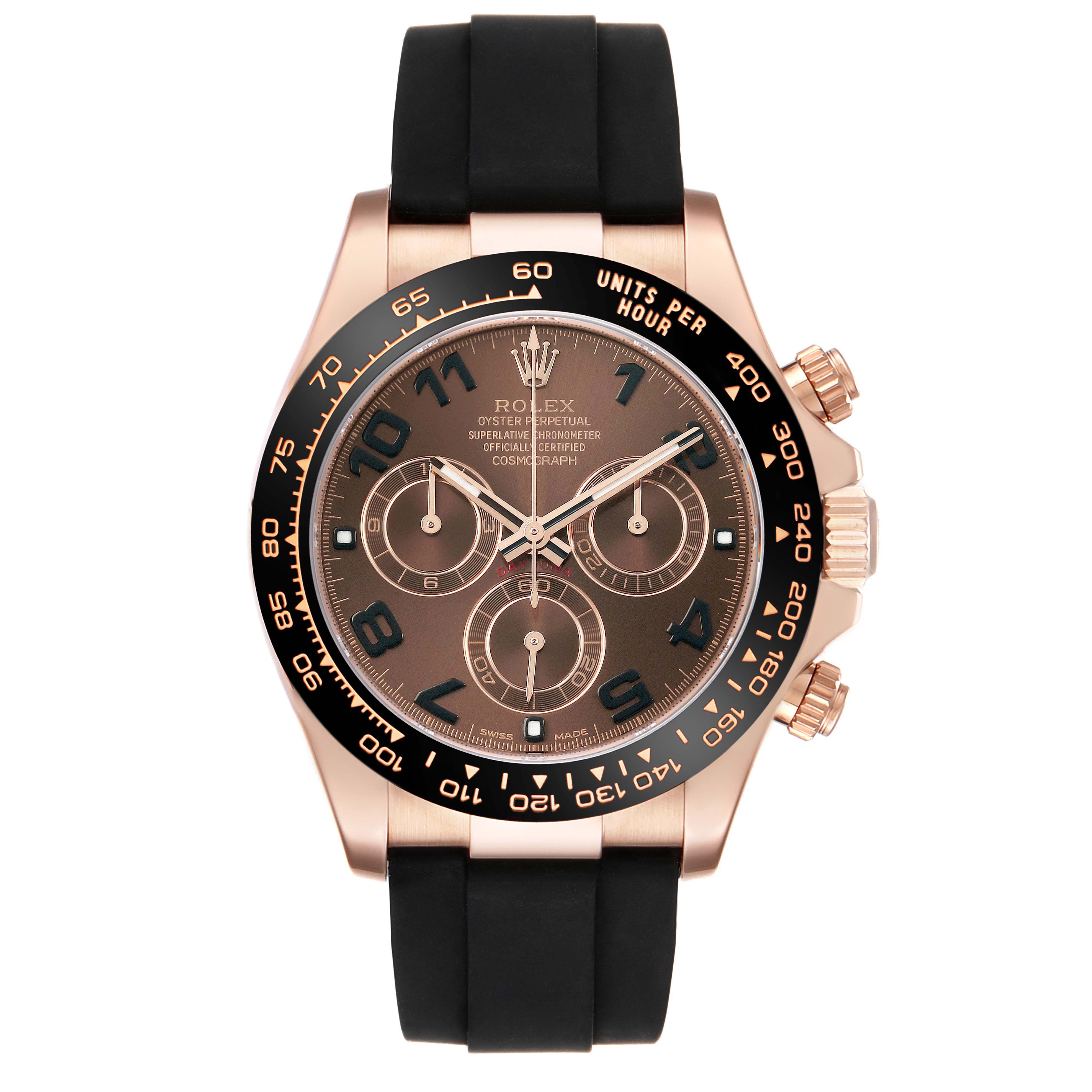 The image shows a front view of a Rolex Daytona 116515LN Mens Rose Gold Brown Dial watch, highlighting its dial, bezel, and strap.