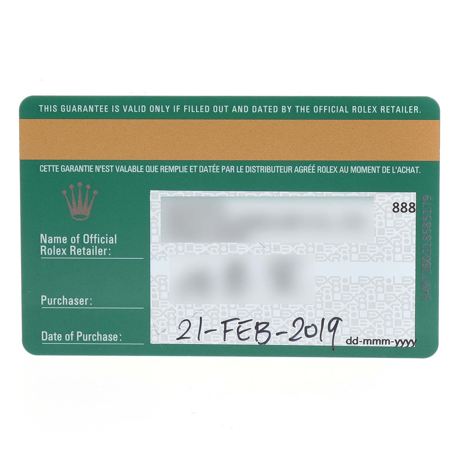 The image shows the guarantee card for a Rolex Daytona 116515LN Men's Rose Gold Brown Dial watch, displaying purchase details.