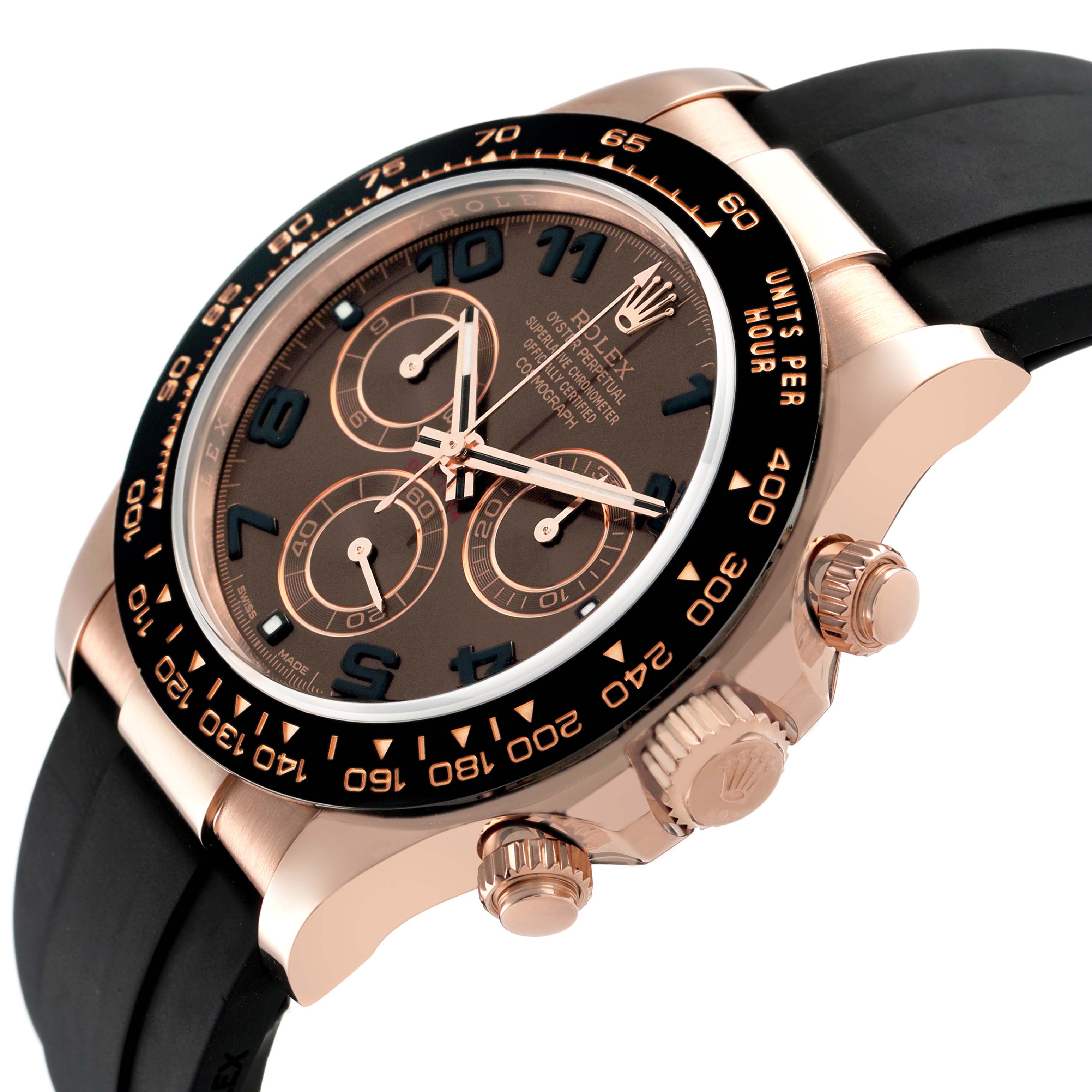 The Rolex Daytona 116515LN Men's Rose Gold Brown Dial watch is shown at a slightly angled side view, displaying the face, bezel, crown, and chronograph pushers.