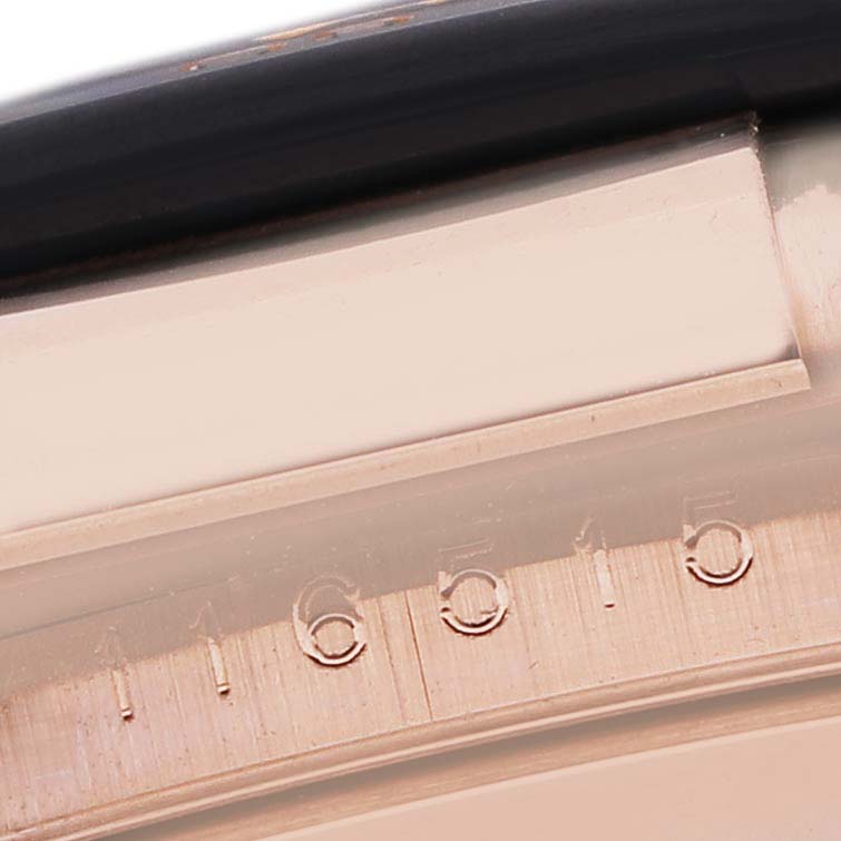 The image shows a close-up of the Rolex Daytona 116515LN Mens Rose Gold Brown Dials case side, highlighting part of the bezel and model number.