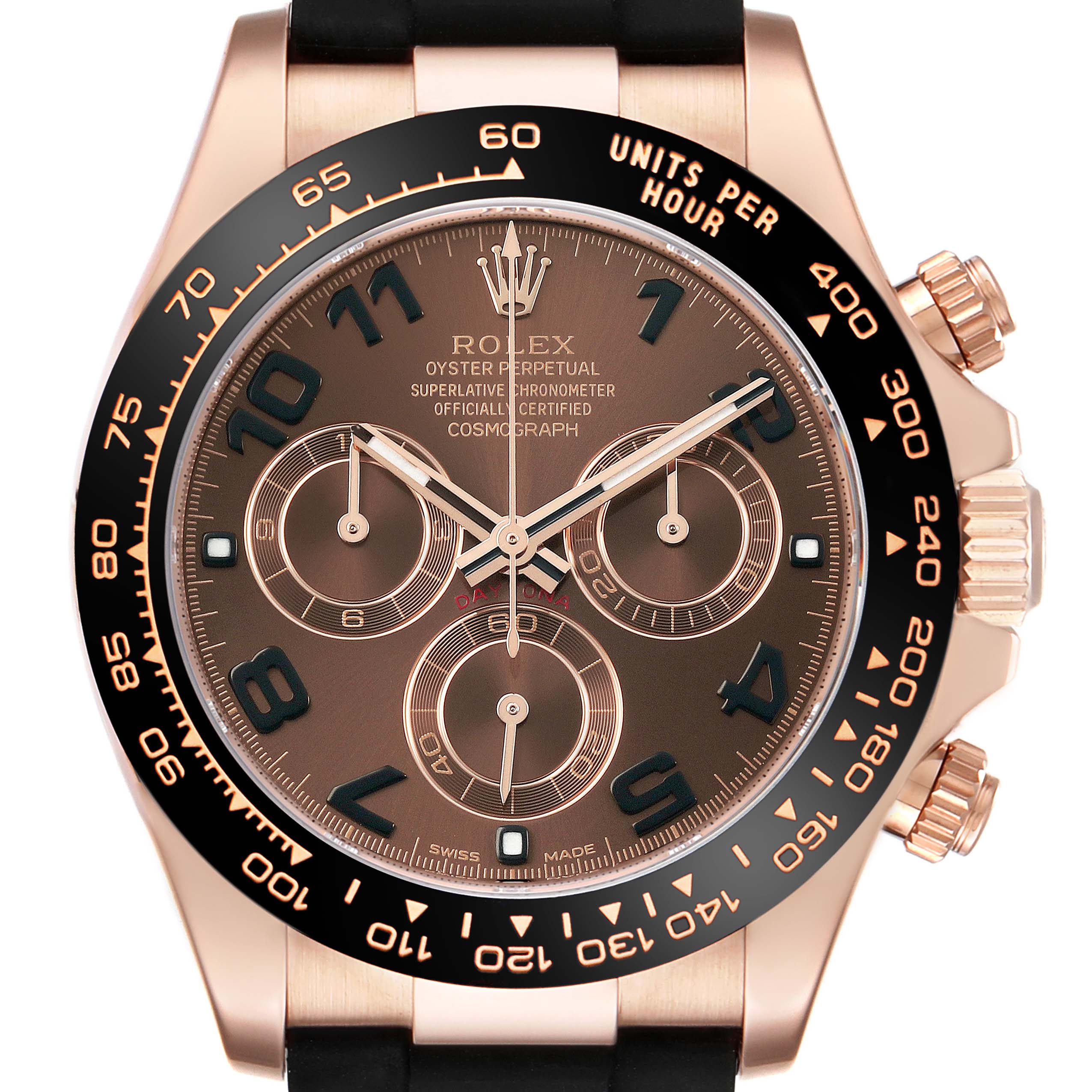 The image shows a close-up, front-facing view of the Rolex Daytona 116515LN Men's Rose Gold Brown Dial watch, highlighting the dial, bezel, and pushers.
