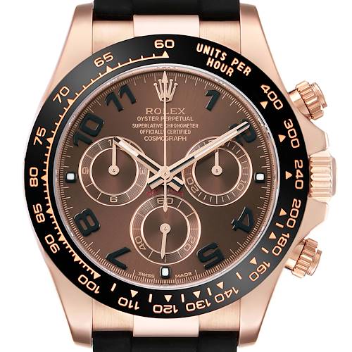 The image shows a frontal view of a Rolex Daytona 116515LN Men's Rose Gold Brown Dial watch, displaying the dial, bezel, and chronograph sub-dials.