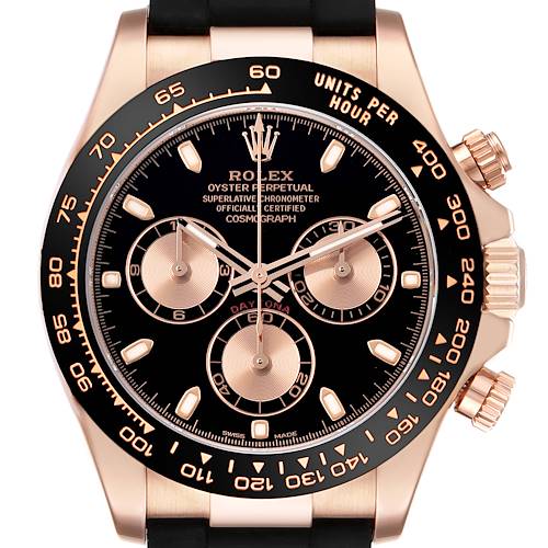 This image shows a frontal view of the Rolex Daytona 116515LN Men's Rose Gold Brown Dial, highlighting the dial, bezel, and pushers.