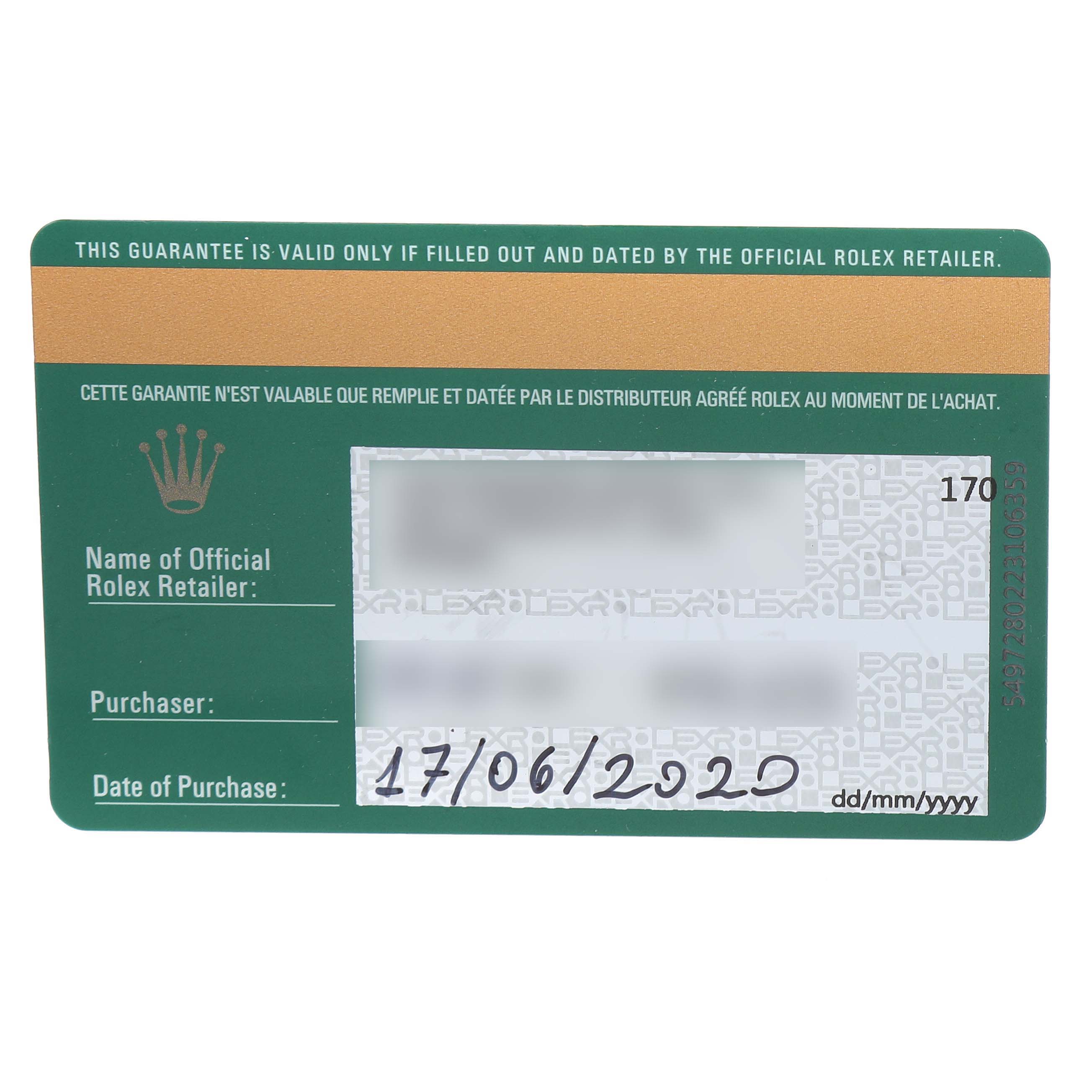 The image shows a guarantee card for a Rolex Daytona 116515LN Men's Rose Gold Brown Dial, highlighting the brand's logo and purchase details.