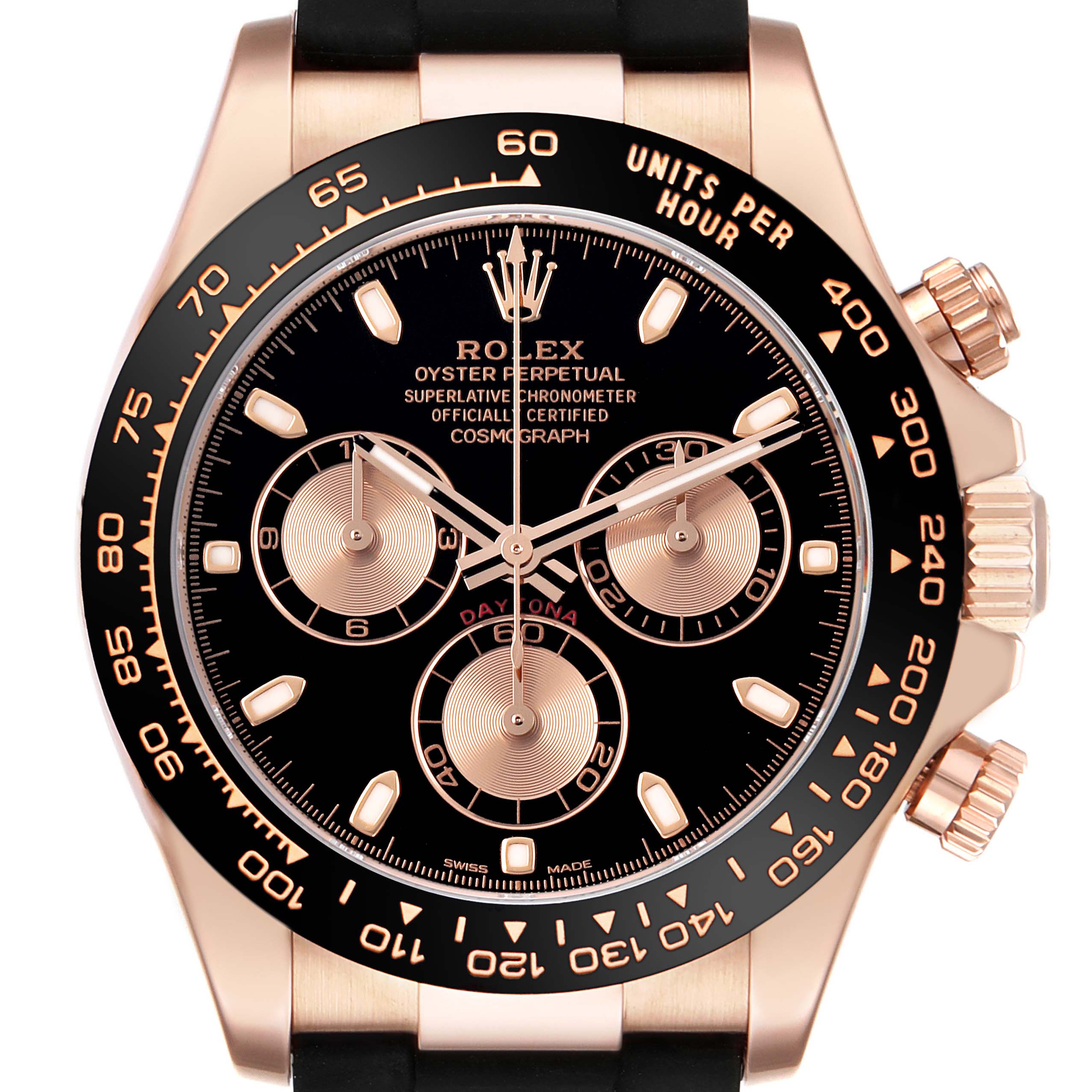 The Rolex Daytona 116515LN Men's Rose Gold Brown Dial watch is shown from a front view, highlighting the dial, bezel, and pushers.