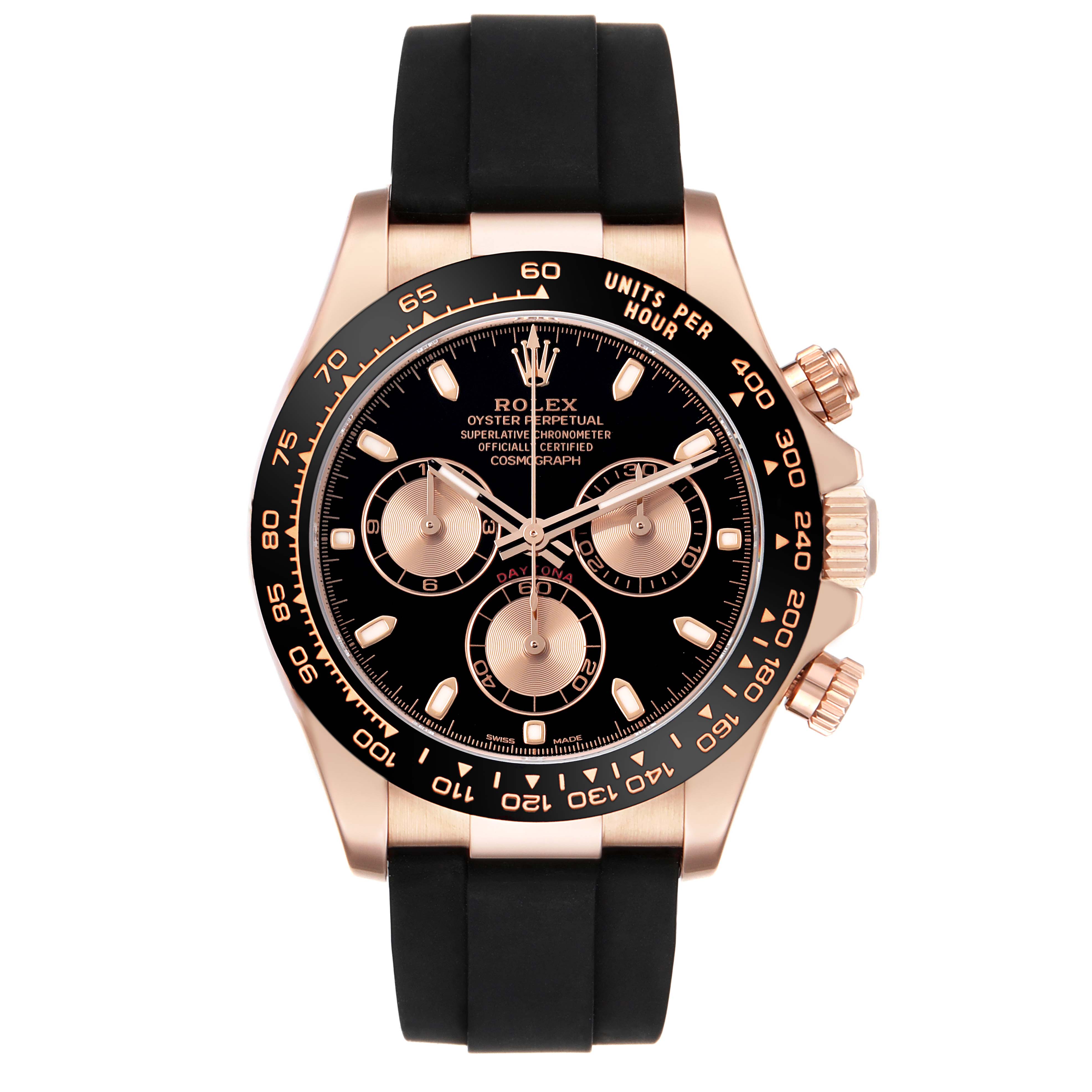 The Rolex Daytona 116515LN Men's Rose Gold Brown Dial watch is shown from the front, highlighting its black dial, gold accents, bezel, and black strap.
