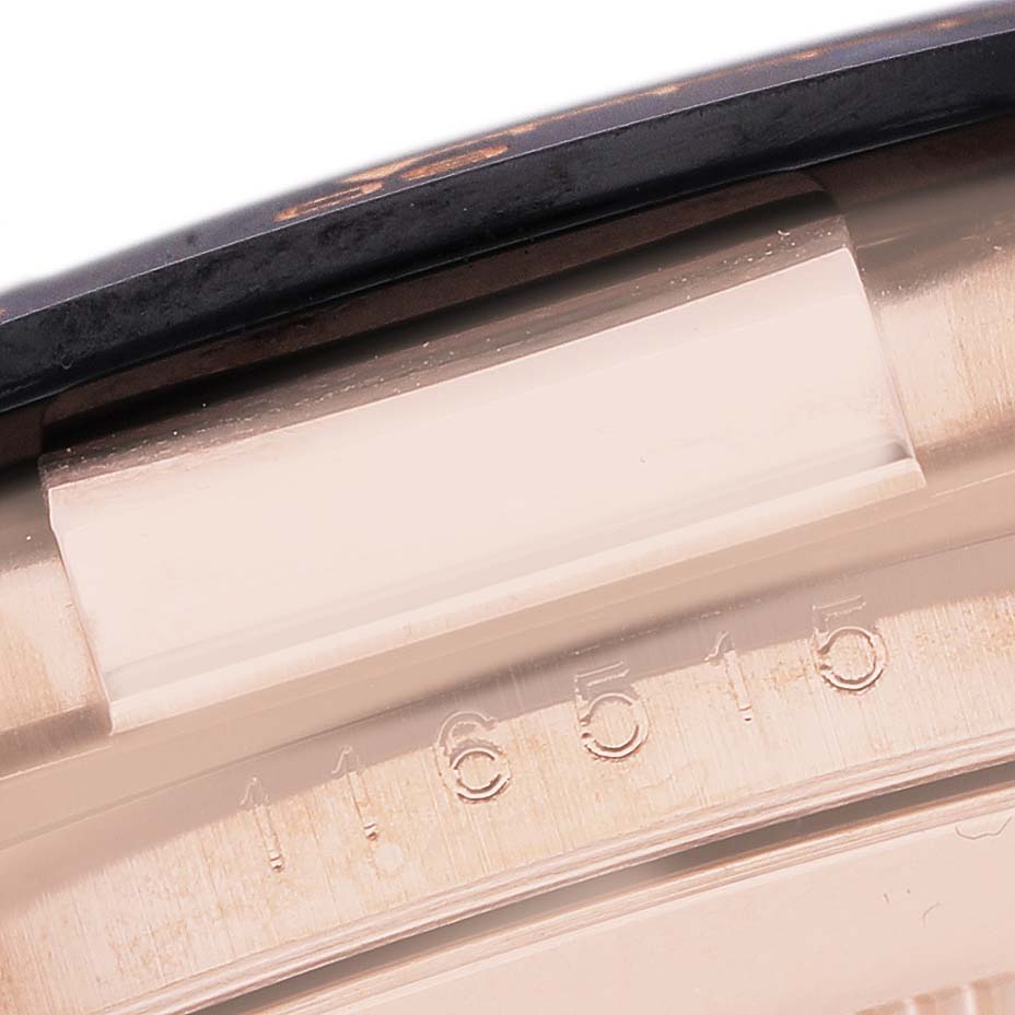 The image shows a close-up of the side engraving of a Rolex Daytona 116515LN Men's Rose Gold Brown Dial watch case, displaying its model number.