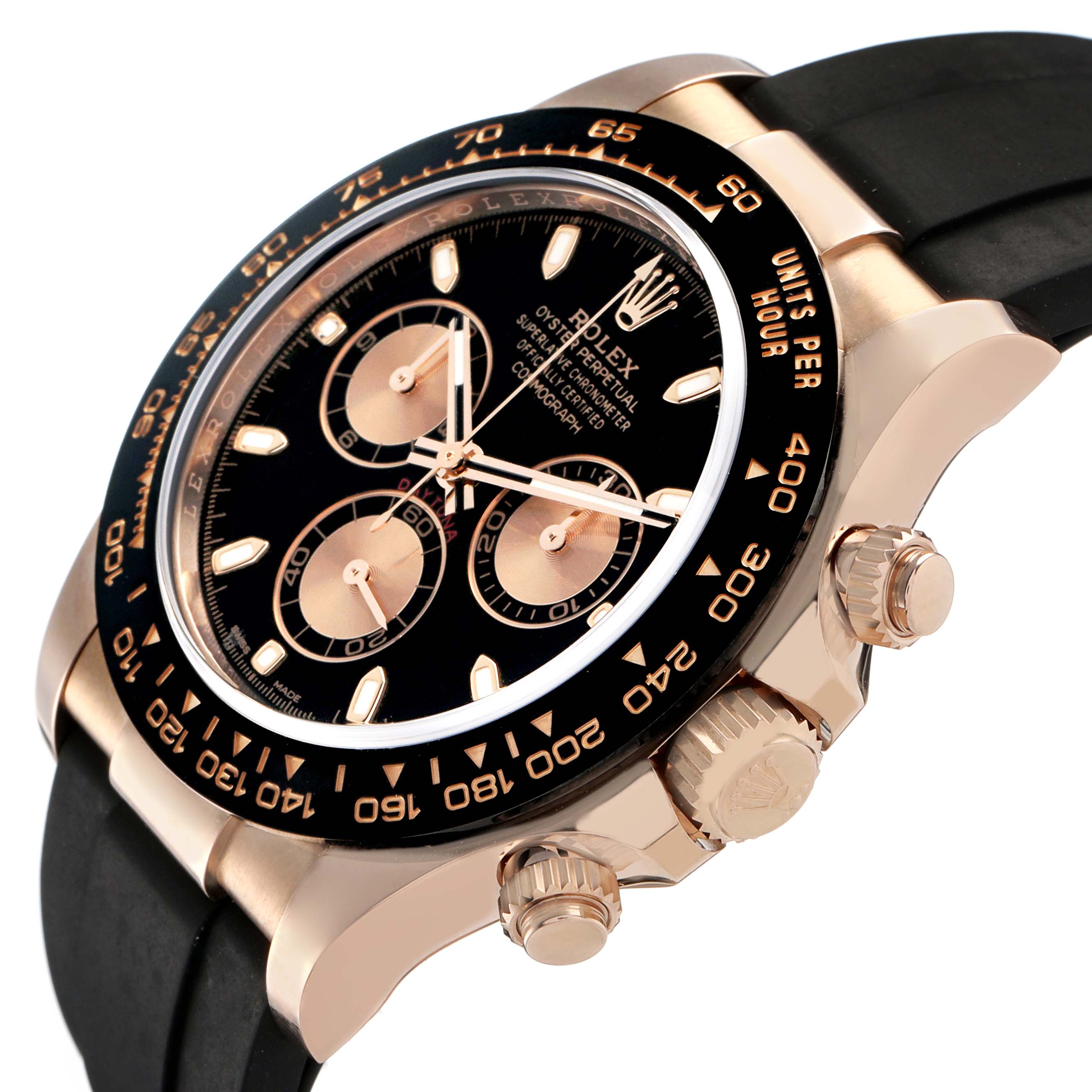 The Rolex Daytona 116515LN Men's Rose Gold Brown Dial watch is shown at an angled side view, highlighting the bezel, crown, and black dial with gold accents.