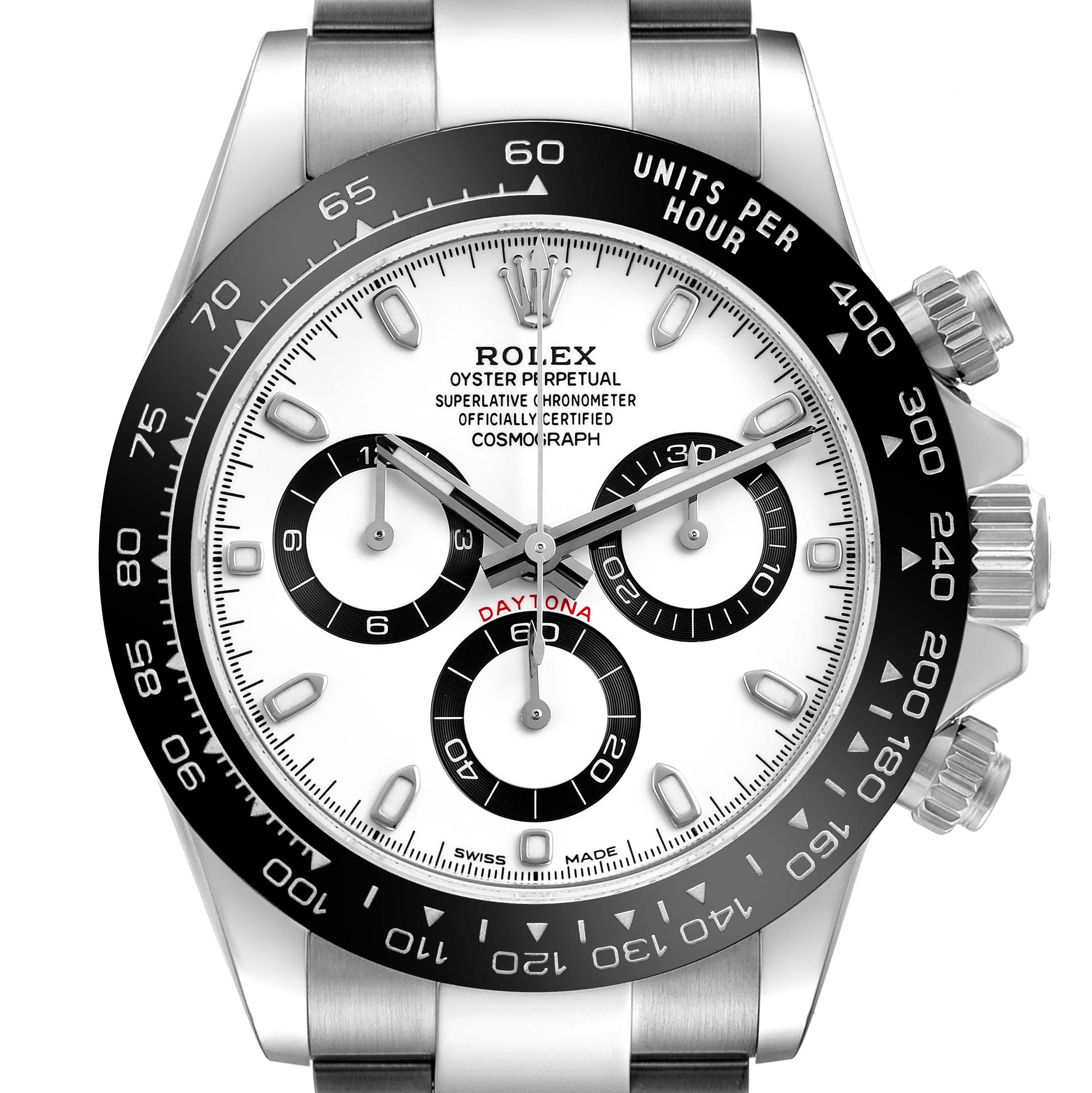 The Rolex Daytona 116500LN Men's Stainless Steel White Dial watch is shown from the front, highlighting its dial, bezel, and pushers.