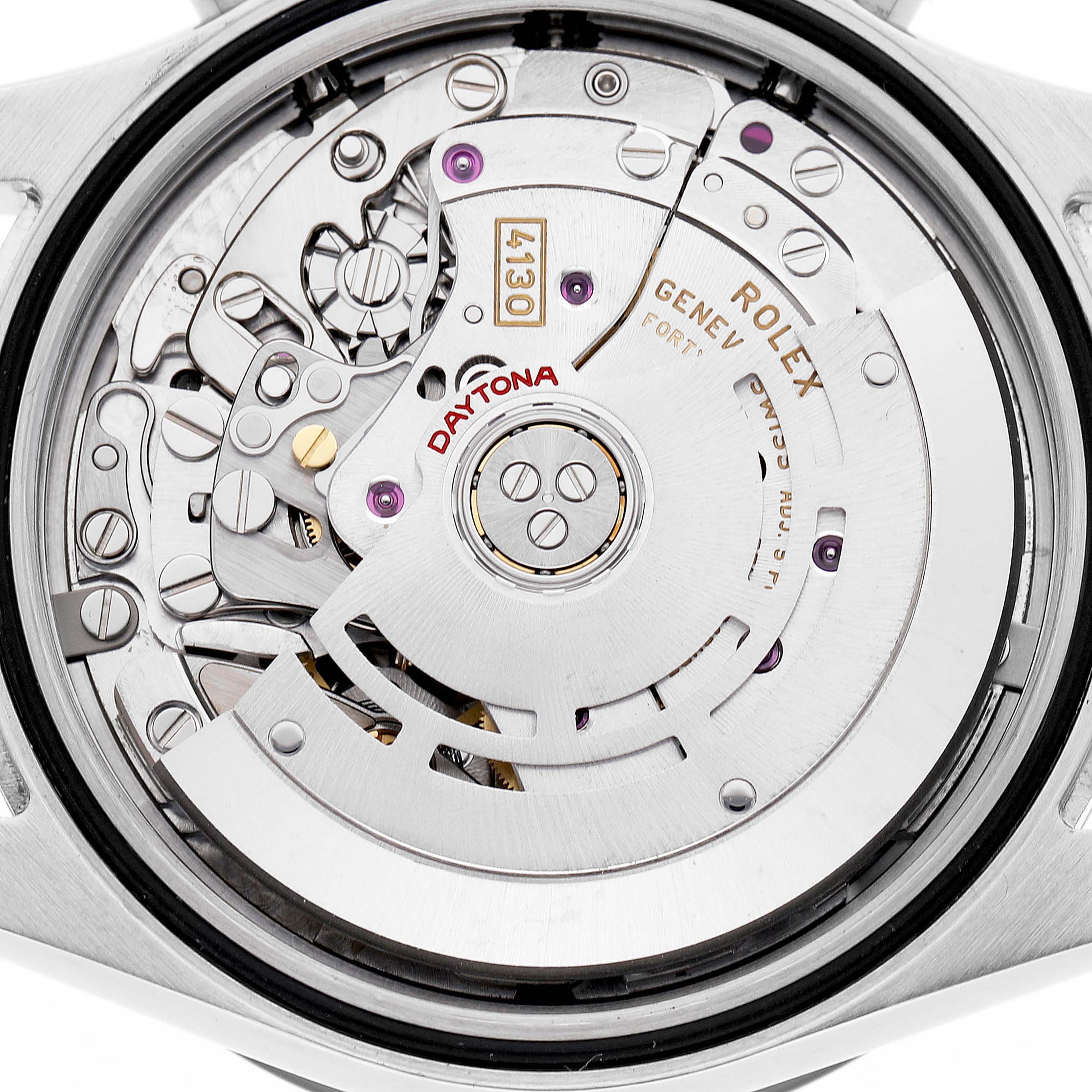 This image shows the movement mechanism of a Rolex Daytona 116500LN Men's Stainless Steel White Dial watch from an underside angle.