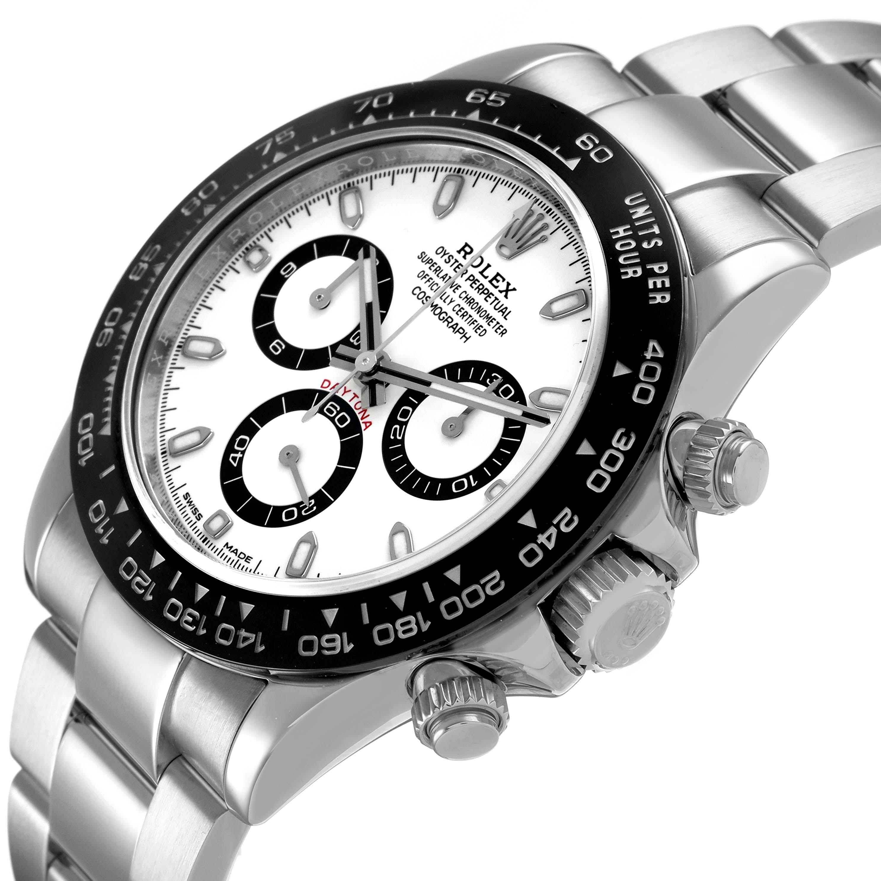 The Rolex Daytona 116500LN Men's Stainless Steel White Dial watch is shown at a slight angle, highlighting the bezel, white dial, sub-dials, and metal bracelet.
