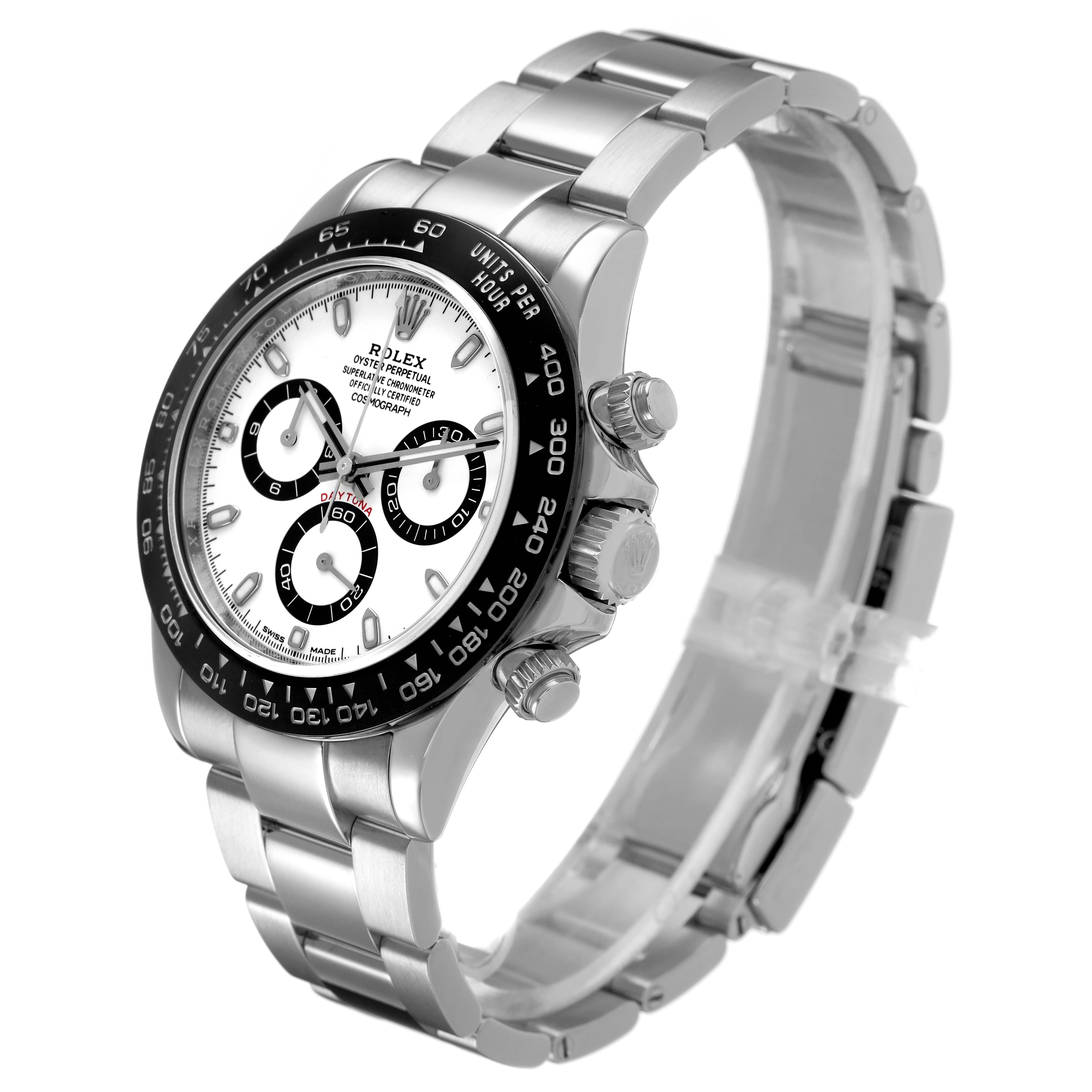 The Rolex Daytona 116500LN Men's Stainless Steel White Dial watch is shown at a slight angle, displaying the dial, bezel, pushers, and bracelet.