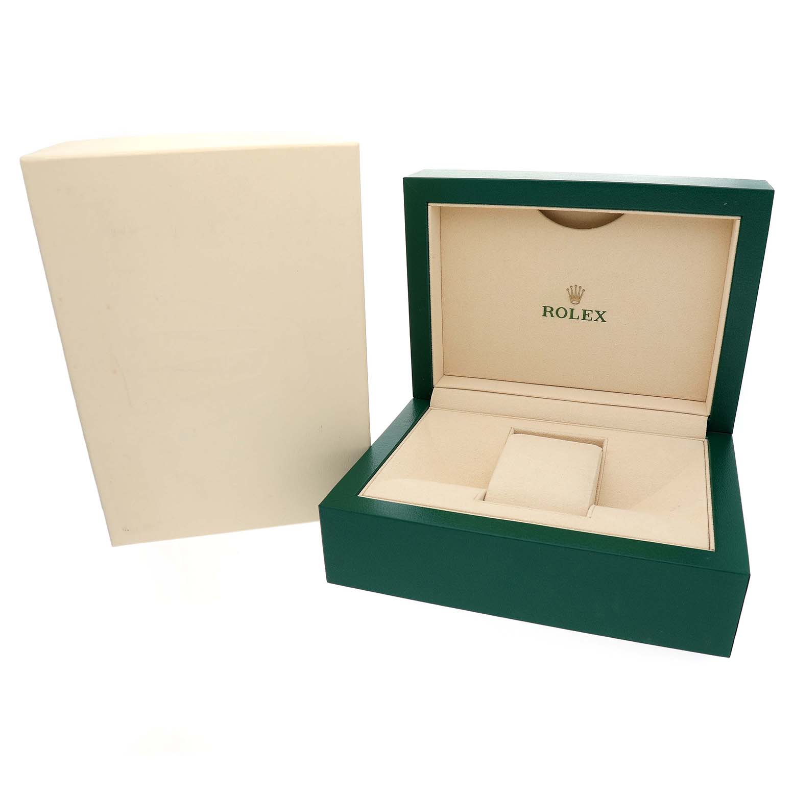 The image shows a Rolex Daytona 116500LN Men's Stainless Steel White Dial watch box, open at a slight angle with an outer box beside it.