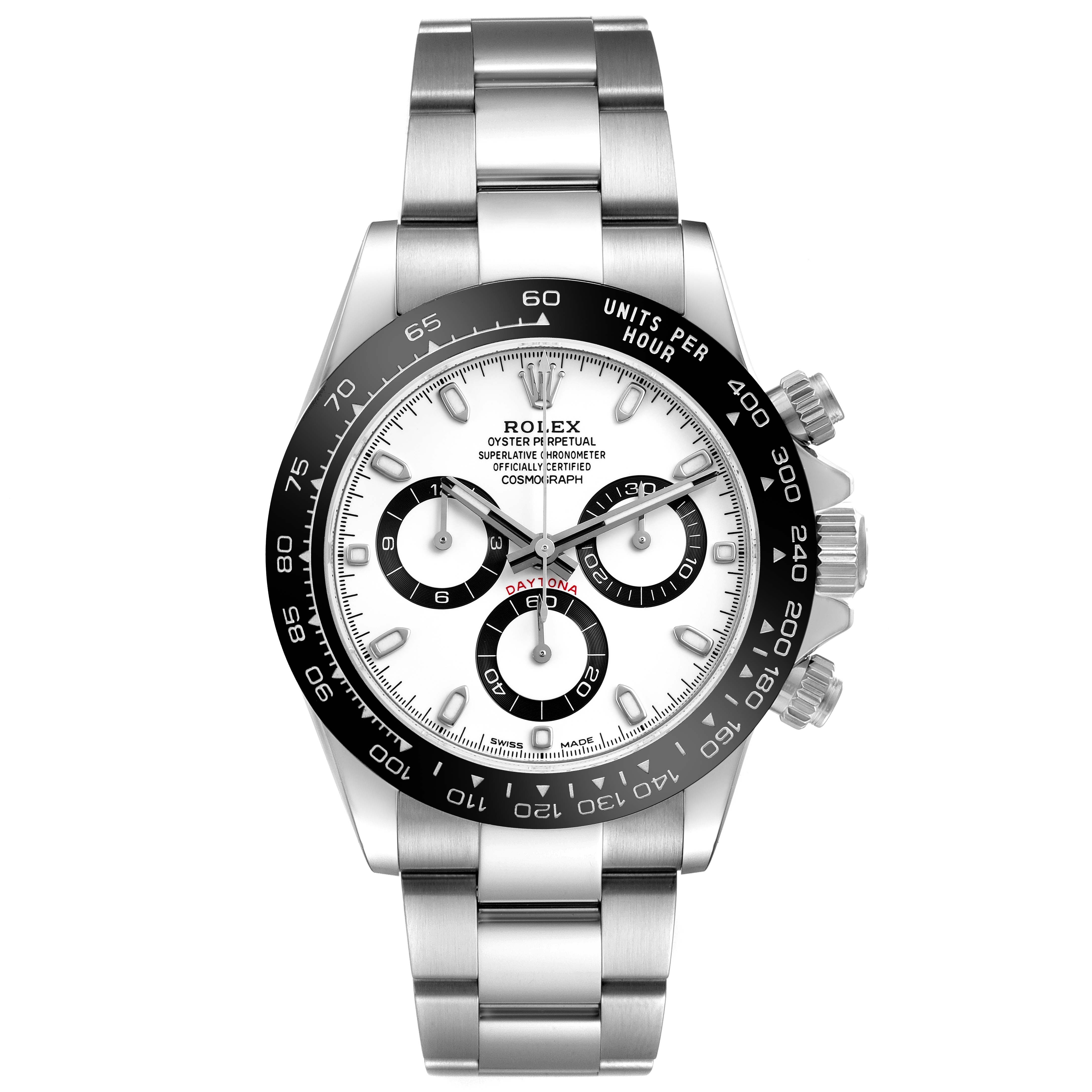 The Rolex Daytona 116500LN Men's Stainless Steel White Dial watch is shown from a frontal angle, displaying the dial, bezel, case, chronograph sub-dials, and bracelet.